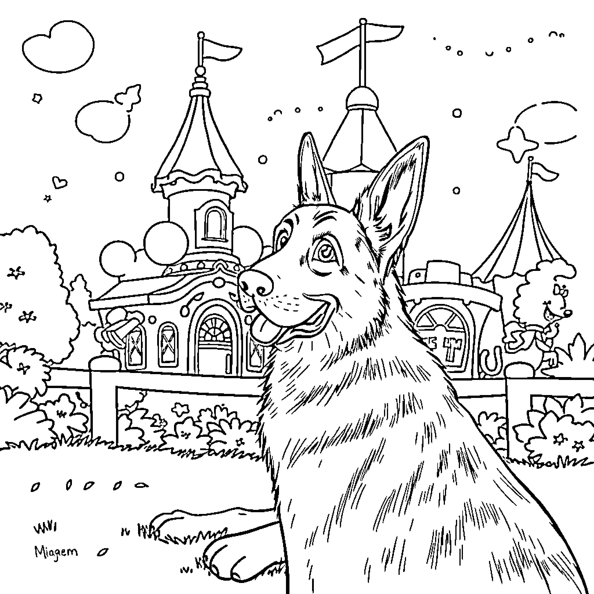 German Shepherd exploring whimsical fantasy world Coloring Page (free black-and-white line drawing printable PDF for all, from beginners to advanced learners, including children, teens, adults, and seniors)