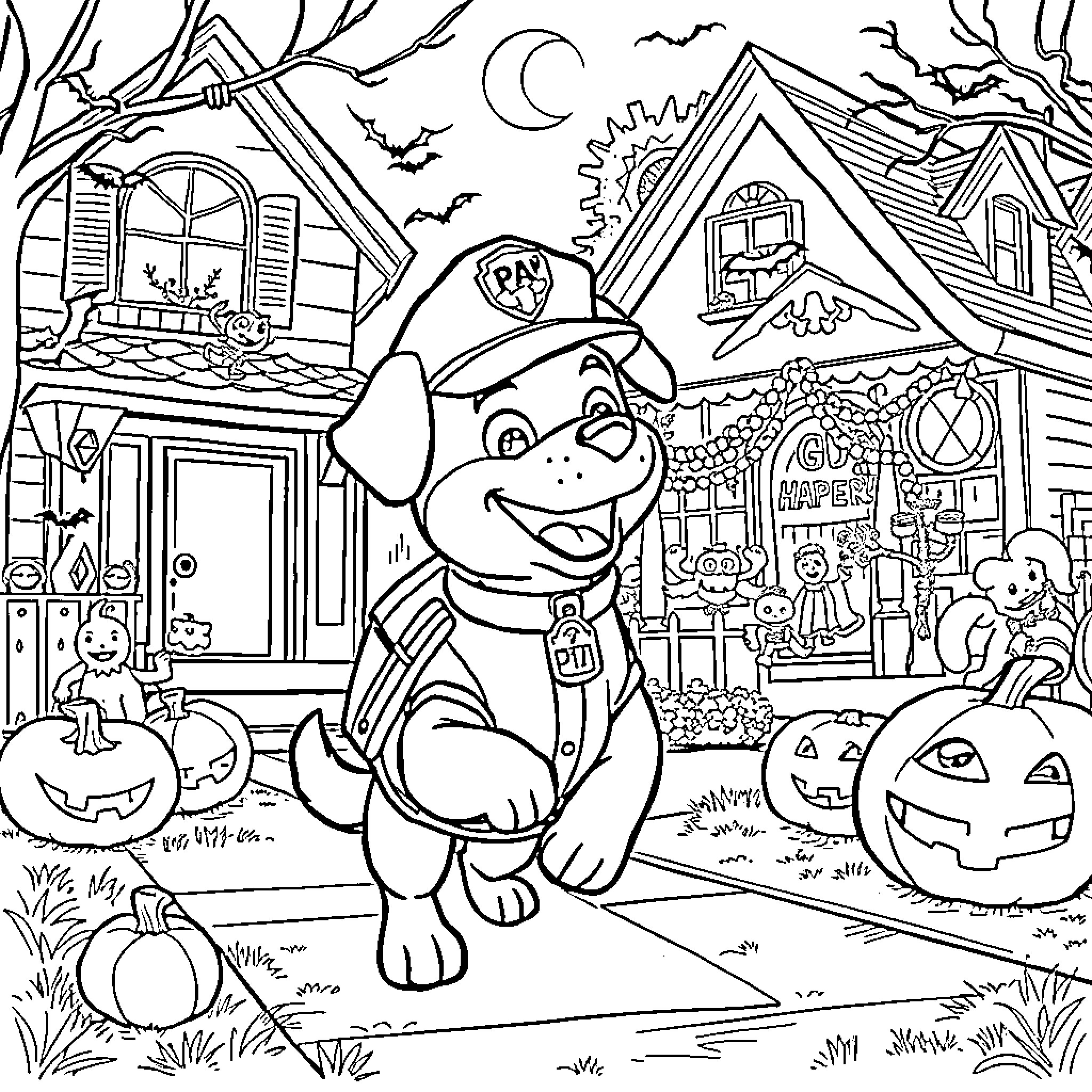 Police Dog Patrolling Spooky Halloween Neighborhood Coloring Page (free black-and-white line drawing printable PDF for all, from beginners to advanced learners, including children, teens, adults, and seniors)