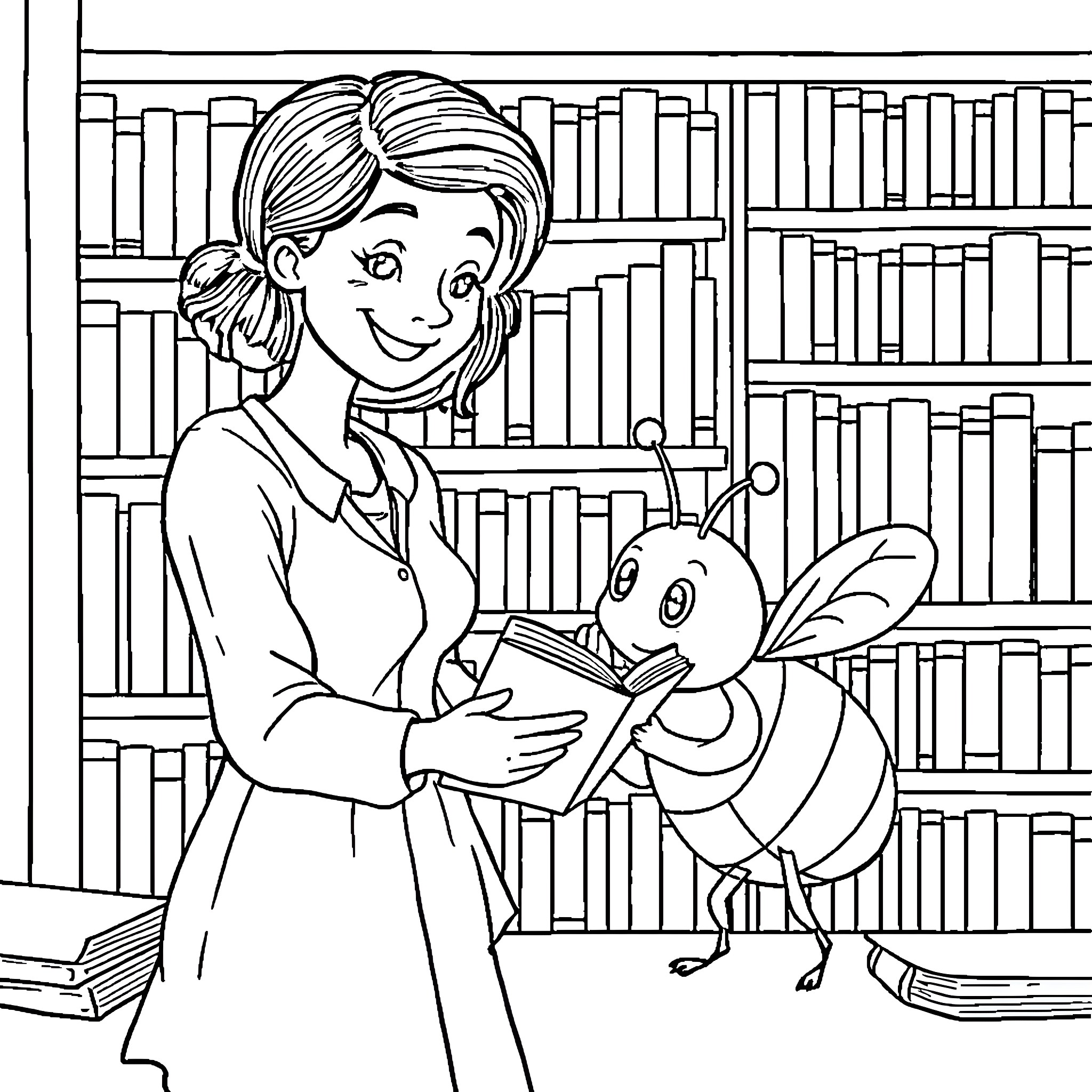 Librarian with friendly insect in the stacks Coloring Page (free black-and-white line drawing printable PDF for all, from beginners to advanced learners, including children, teens, adults, and seniors)