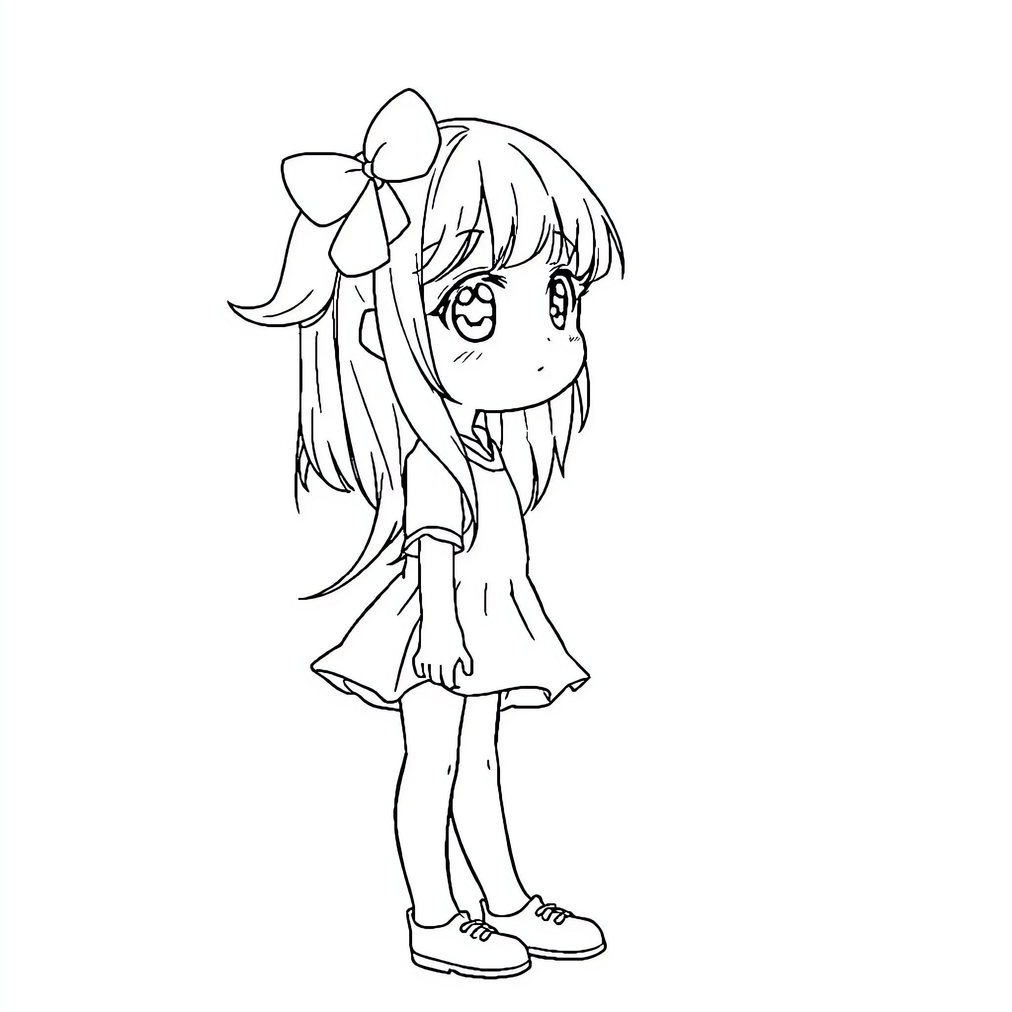 Anime Girl in Casual Outfit with Bow Coloring Page (free black-and-white line drawing printable PDF for all, from beginners to advanced learners, including children, teens, adults, and seniors)