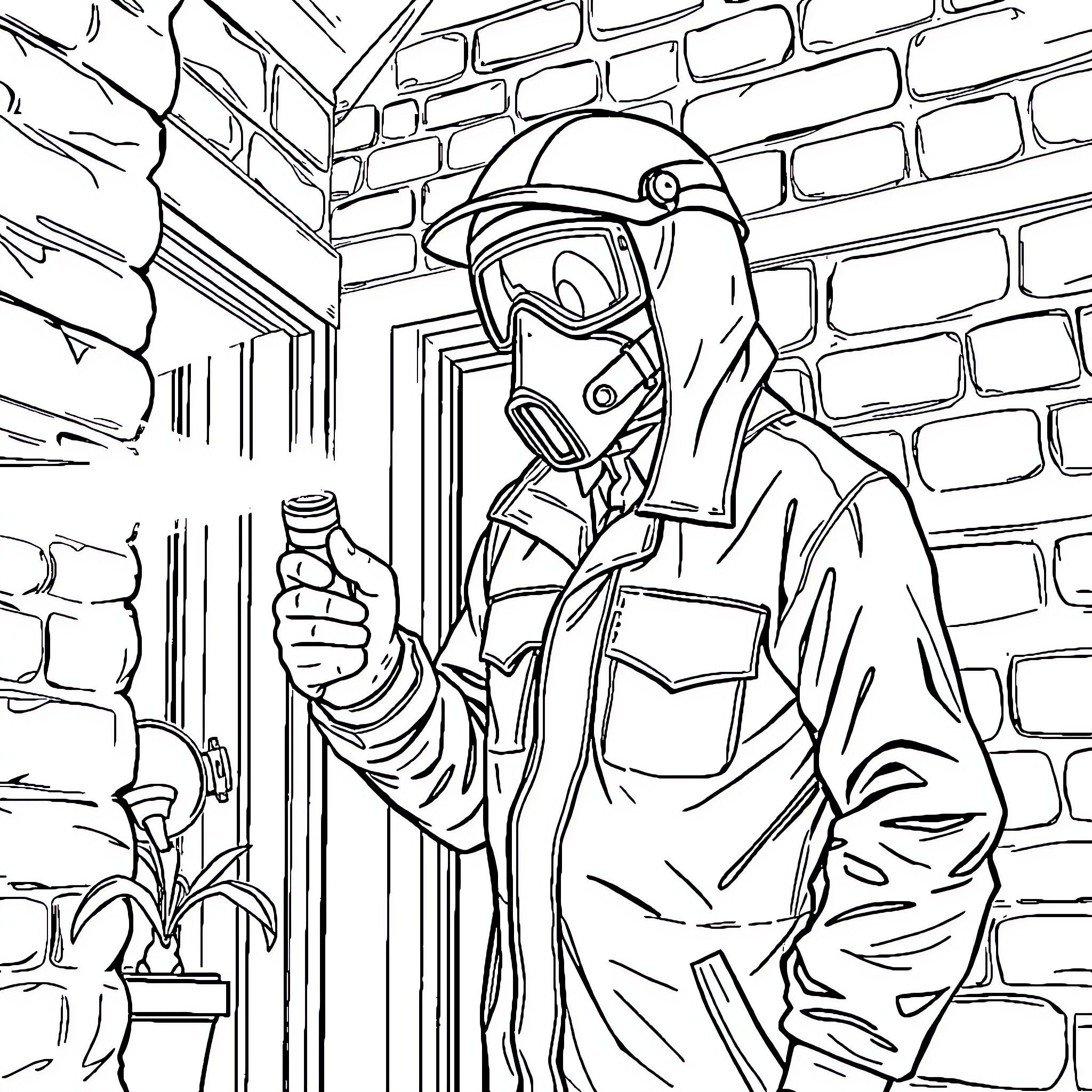Asbestos Surveyor Inspecting a Building Interior Coloring Page (free black-and-white line drawing printable PDF for all, from beginners to advanced learners, including children, teens, adults, and seniors)