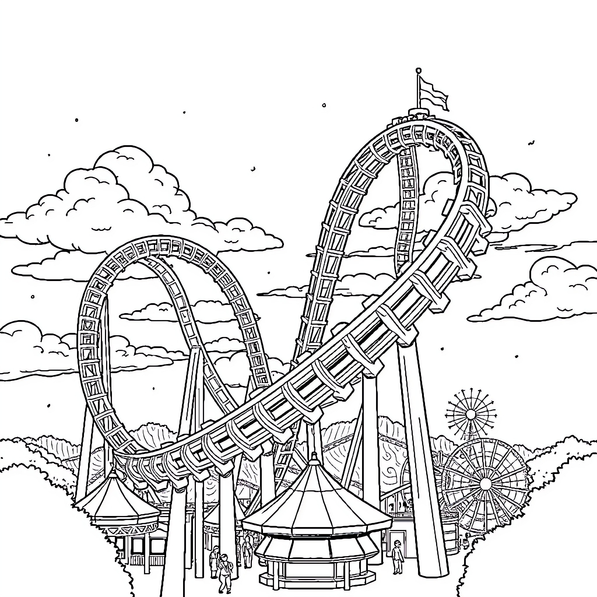 Rollercoaster with thrilling loops and turns Coloring Page (free black-and-white line drawing printable PDF for all, from beginners to advanced learners, including children, teens, adults, and seniors)