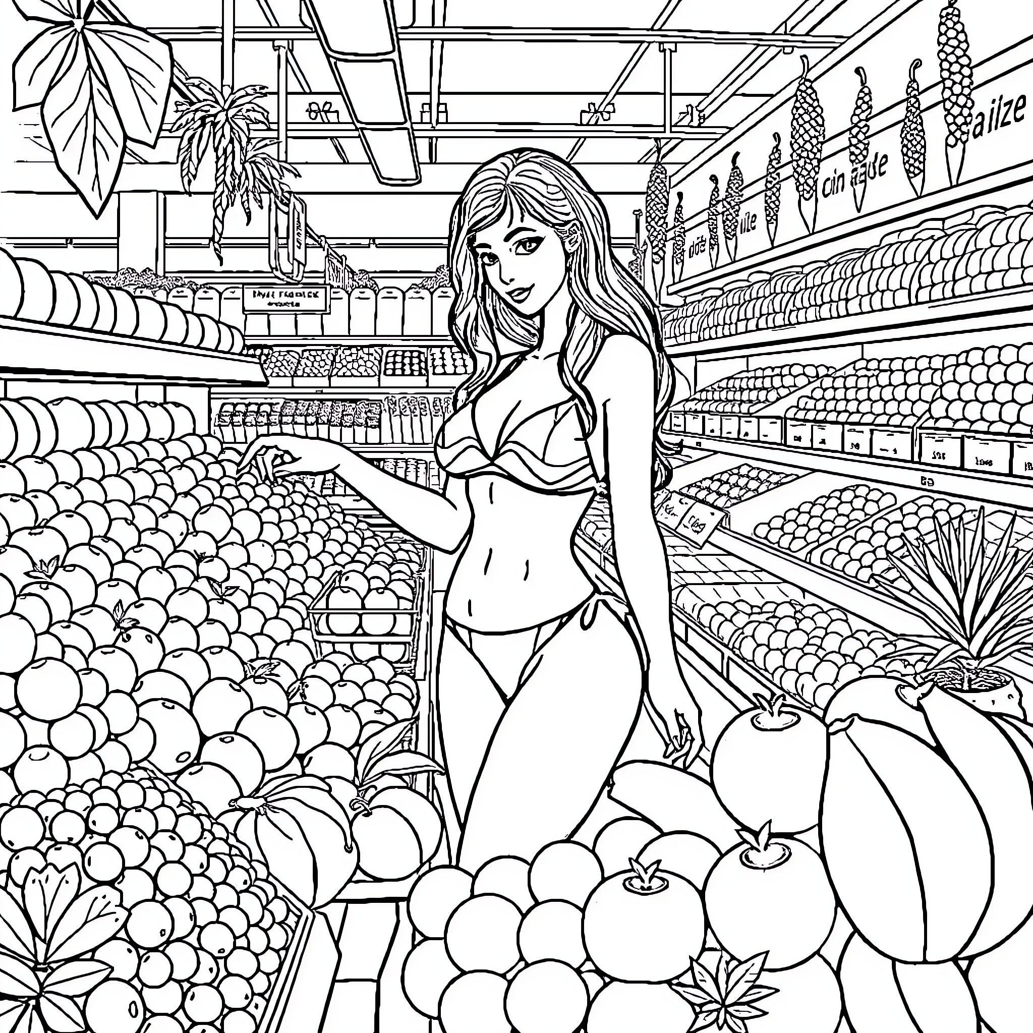 Lady exploring a vibrant produce section Coloring Page (free black-and-white line drawing printable PDF for all, from beginners to advanced learners, including children, teens, adults, and seniors)