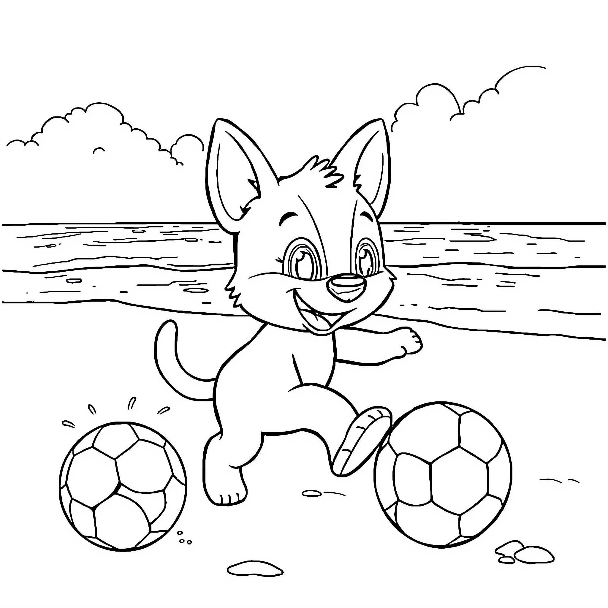 Bluey playing with soccer balls on the beach Coloring Page (free black-and-white line drawing printable PDF for all, from beginners to advanced learners, including children, teens, adults, and seniors)