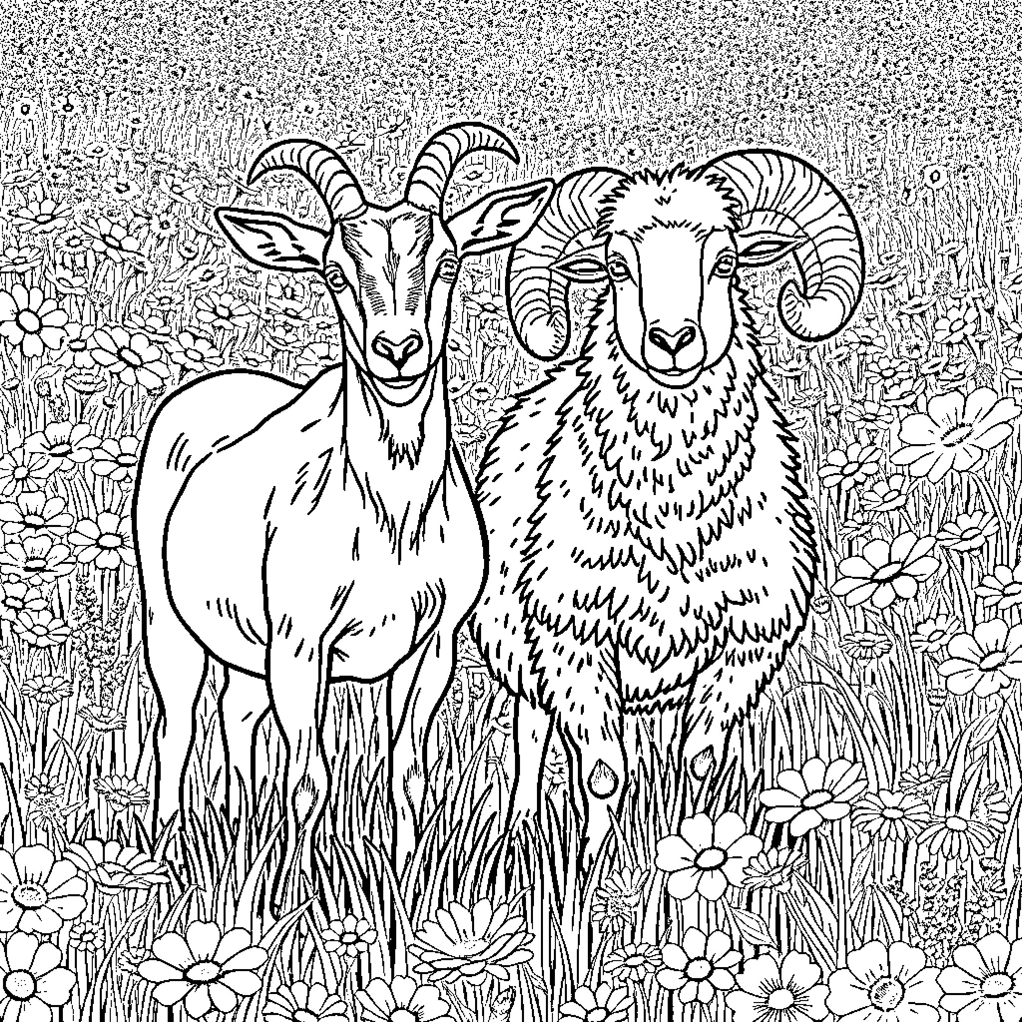 Goats grazing in a floral meadow Coloring Page (free black-and-white line drawing printable PDF for all, from beginners to advanced learners, including children, teens, adults, and seniors)