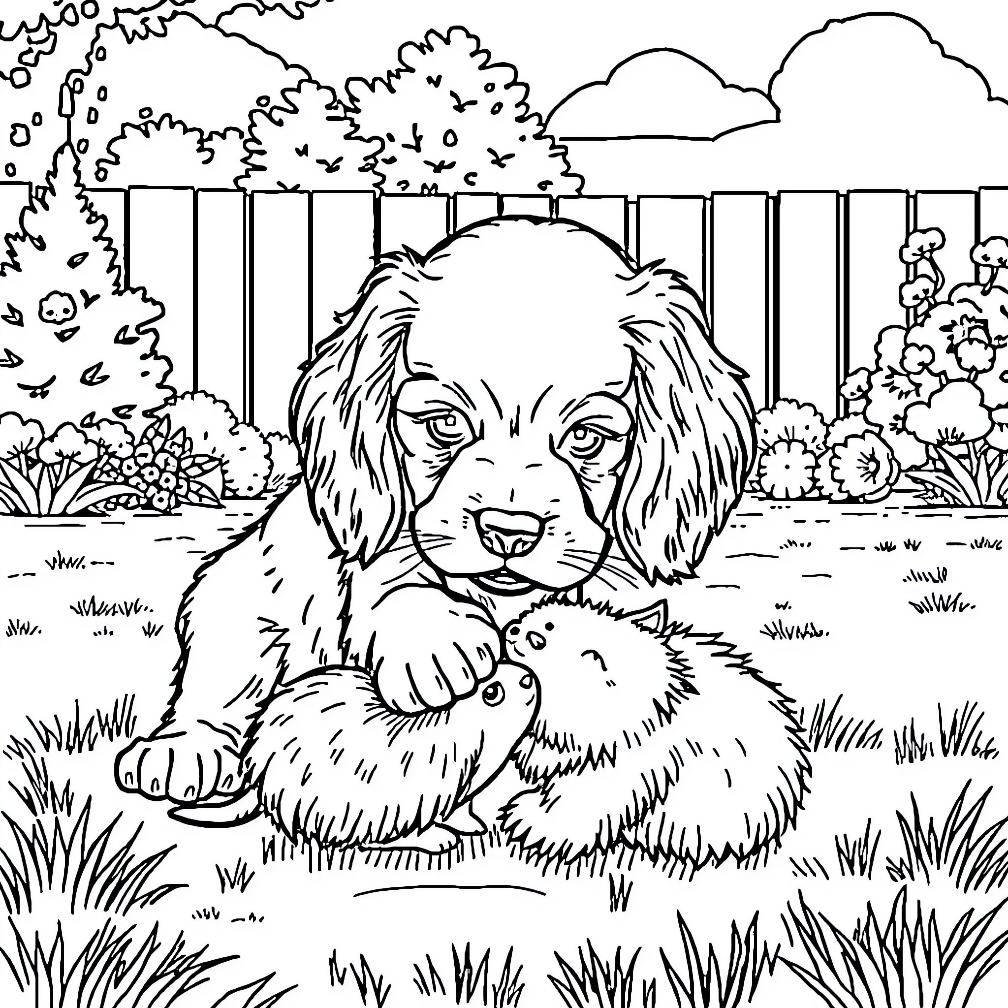 Cocker Spaniel exploring the backyard Coloring Page (free black-and-white line drawing printable PDF for all, from beginners to advanced learners, including children, teens, adults, and seniors)