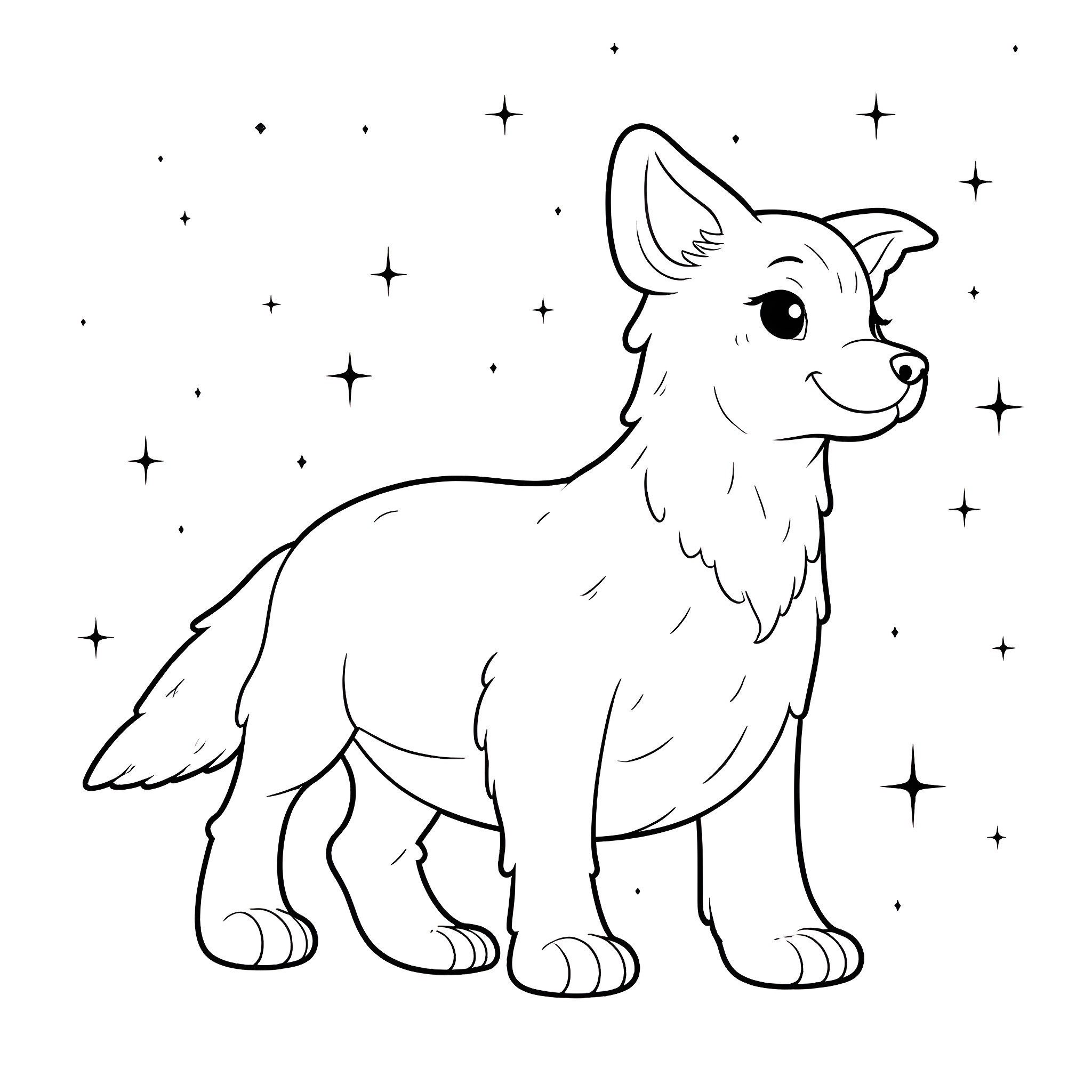 Dog gazing at the starry night sky Coloring Page (free black-and-white line drawing printable PDF for all, from beginners to advanced learners, including children, teens, adults, and seniors)