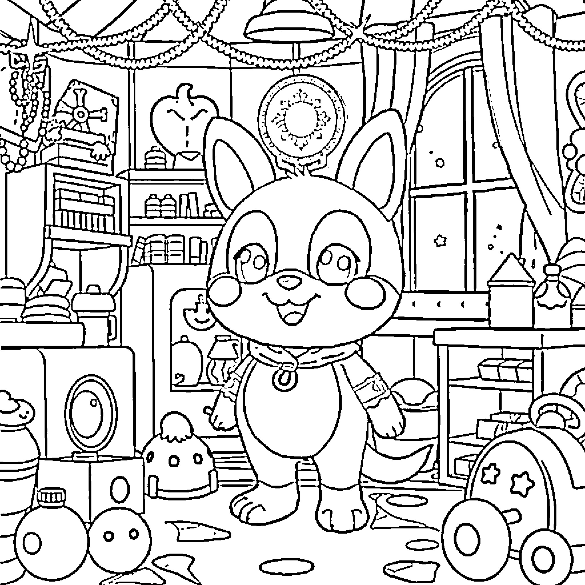 Gougui's Whimsical Workshop Wonderland Coloring Page (free black-and-white line drawing printable PDF for all, from beginners to advanced learners, including children, teens, adults, and seniors)
