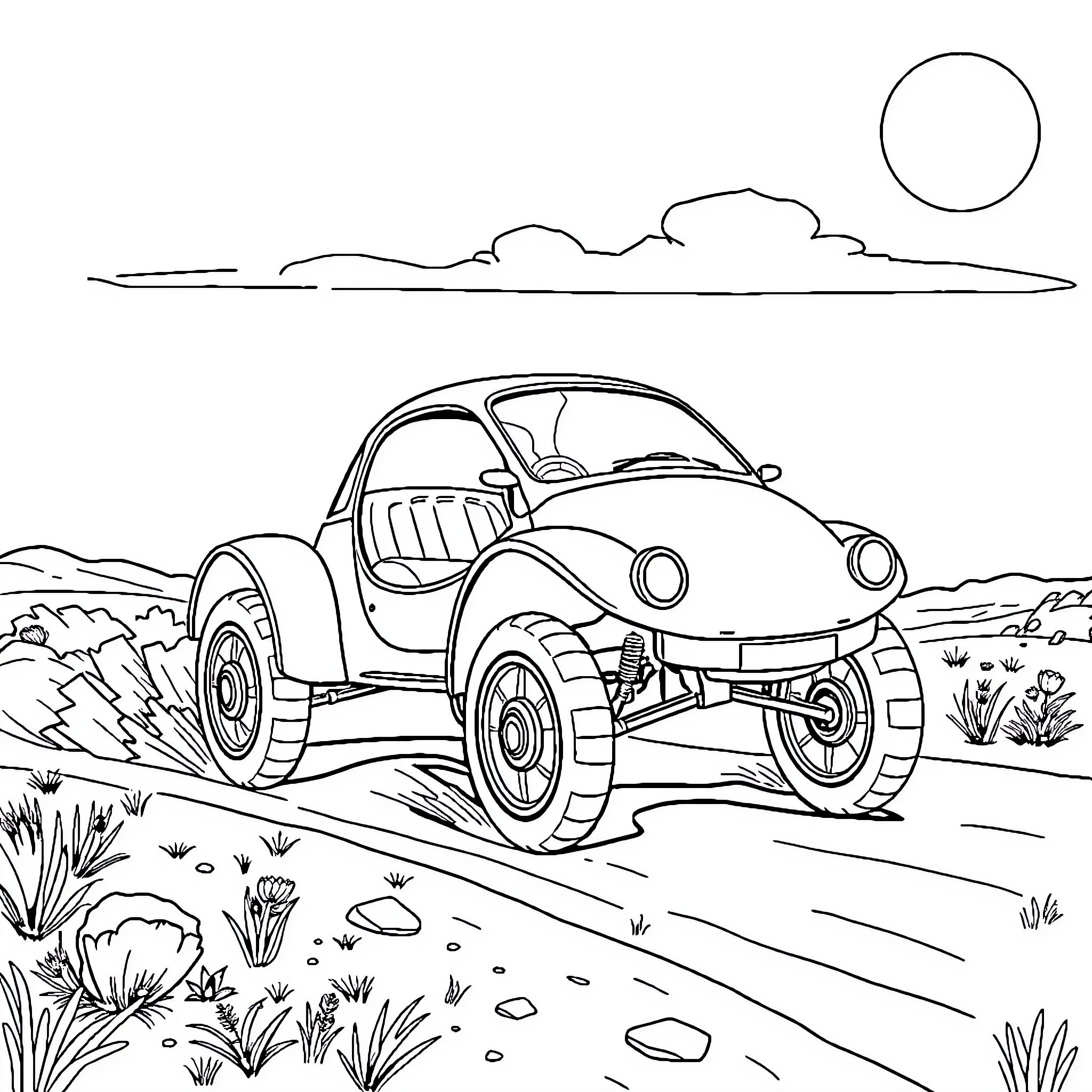 Car off-road adventure in the desert landscape Coloring Page (free black-and-white line drawing printable PDF for all, from beginners to advanced learners, including children, teens, adults, and seniors)