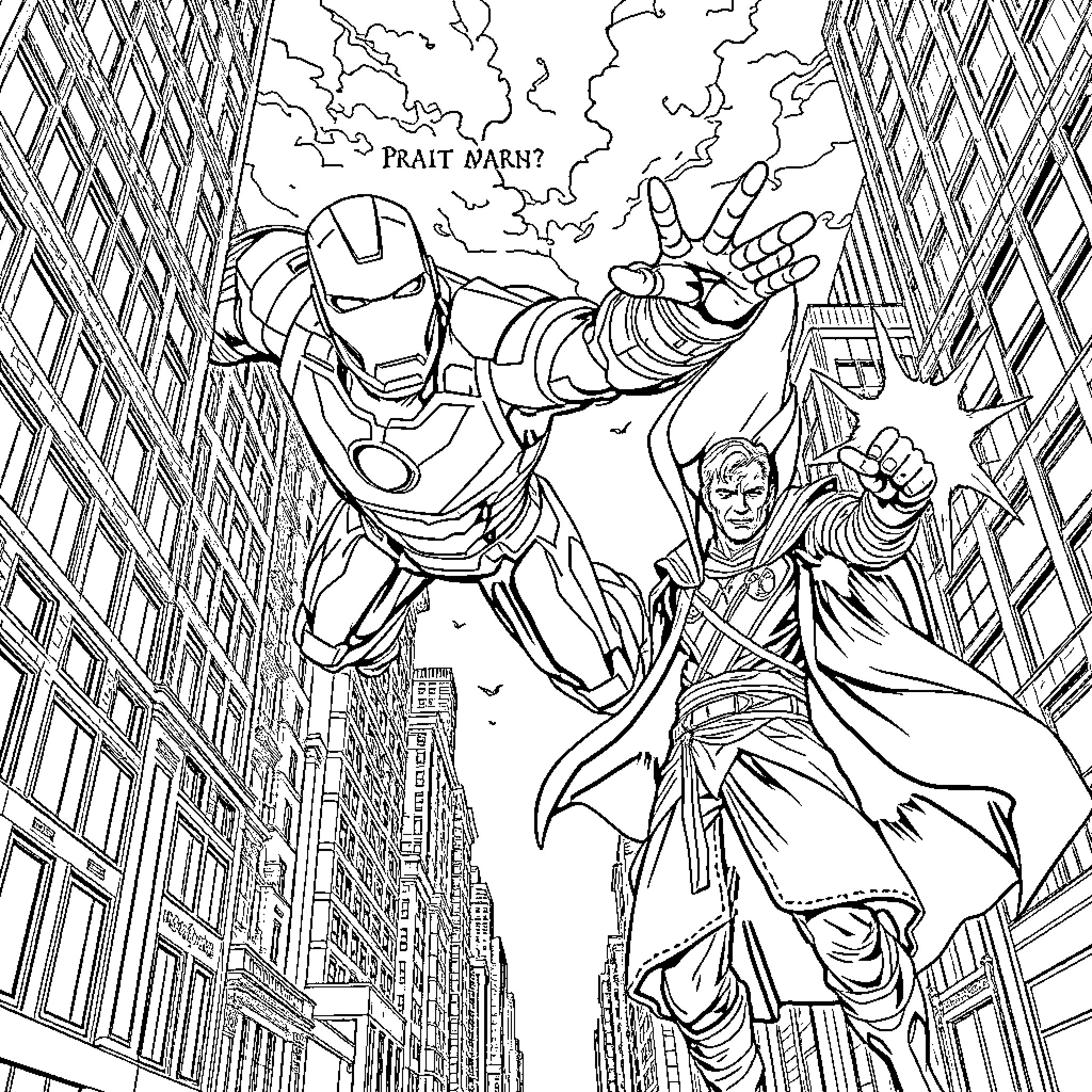 Ironman and Superhero Engage in Aerial Battle Over City Coloring Page (free black-and-white line drawing printable PDF for all, from beginners to advanced learners, including children, teens, adults, and seniors)