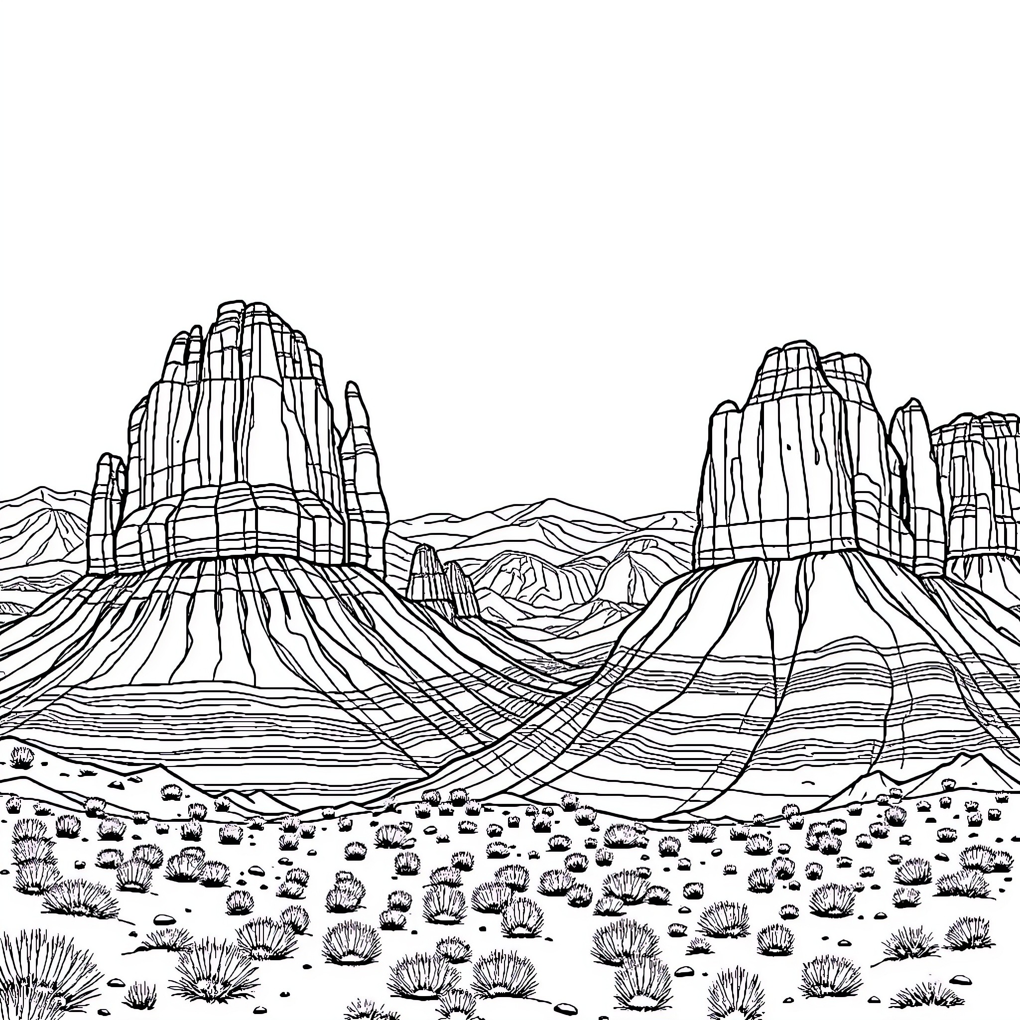 Badlands landscape with towering rock formations Coloring Page (free black-and-white line drawing printable PDF for all, from beginners to advanced learners, including children, teens, adults, and seniors)