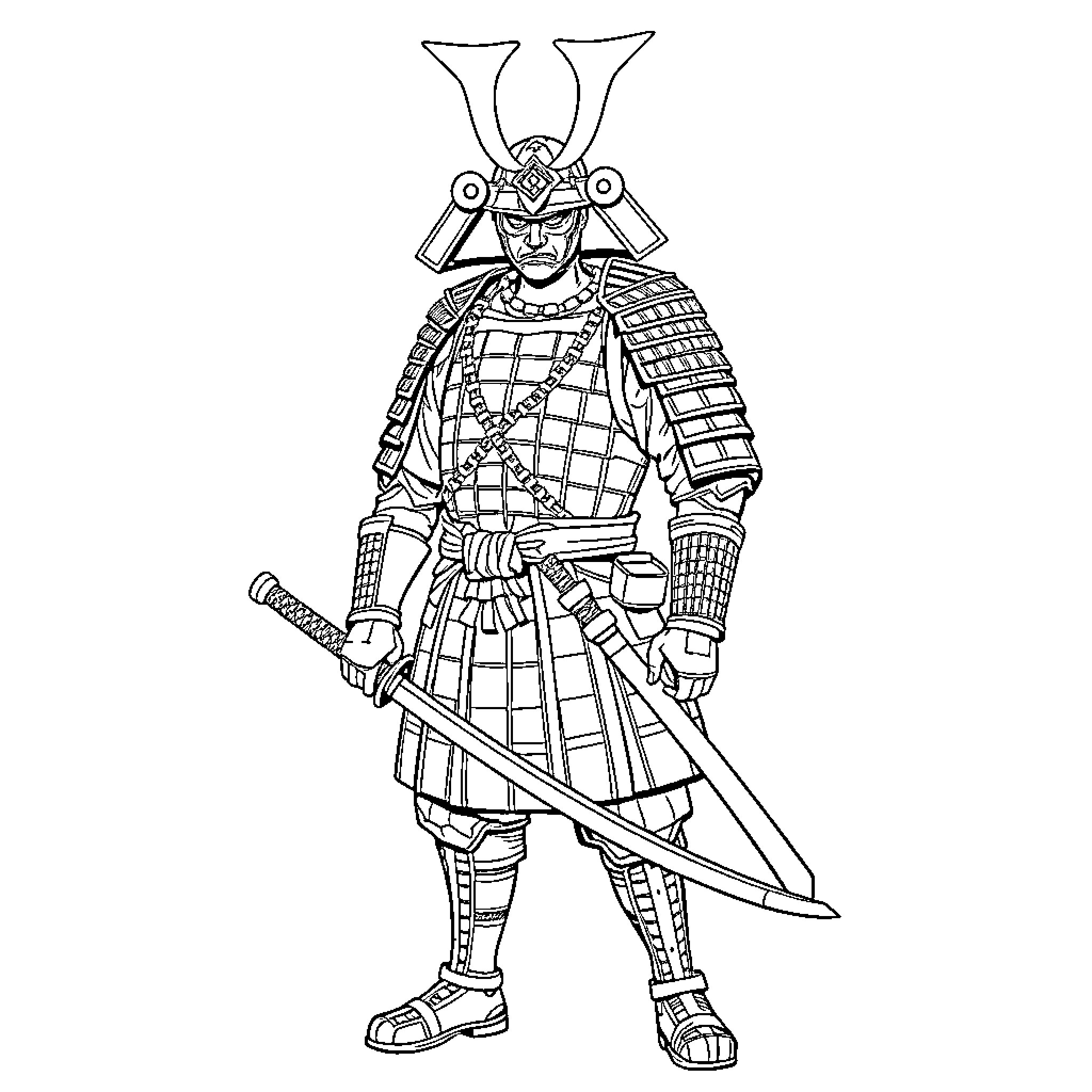 Samurai warrior in traditional armor with sword Coloring Page (free black-and-white line drawing printable PDF for all, from beginners to advanced learners, including children, teens, adults, and seniors)