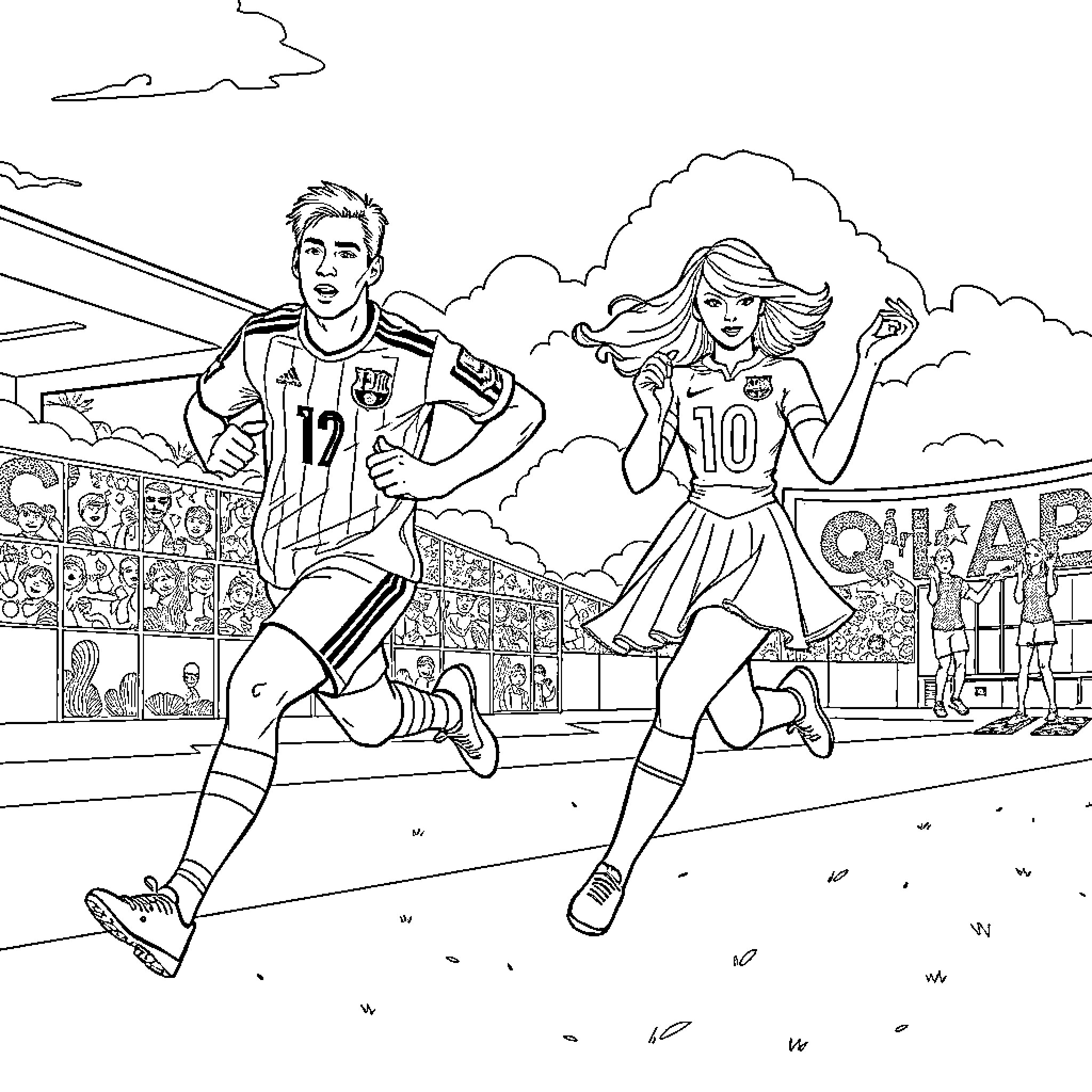Ronaldo and Teammate Playing Soccer on Field Coloring Page (free black-and-white line drawing printable PDF for all, from beginners to advanced learners, including children, teens, adults, and seniors)
