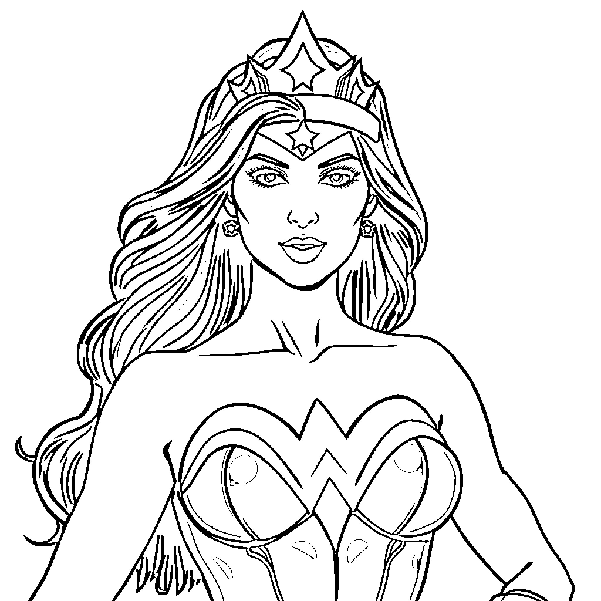 Wonder Woman in Heroic Pose with Crown Coloring Page (free black-and-white line drawing printable PDF for all, from beginners to advanced learners, including children, teens, adults, and seniors)