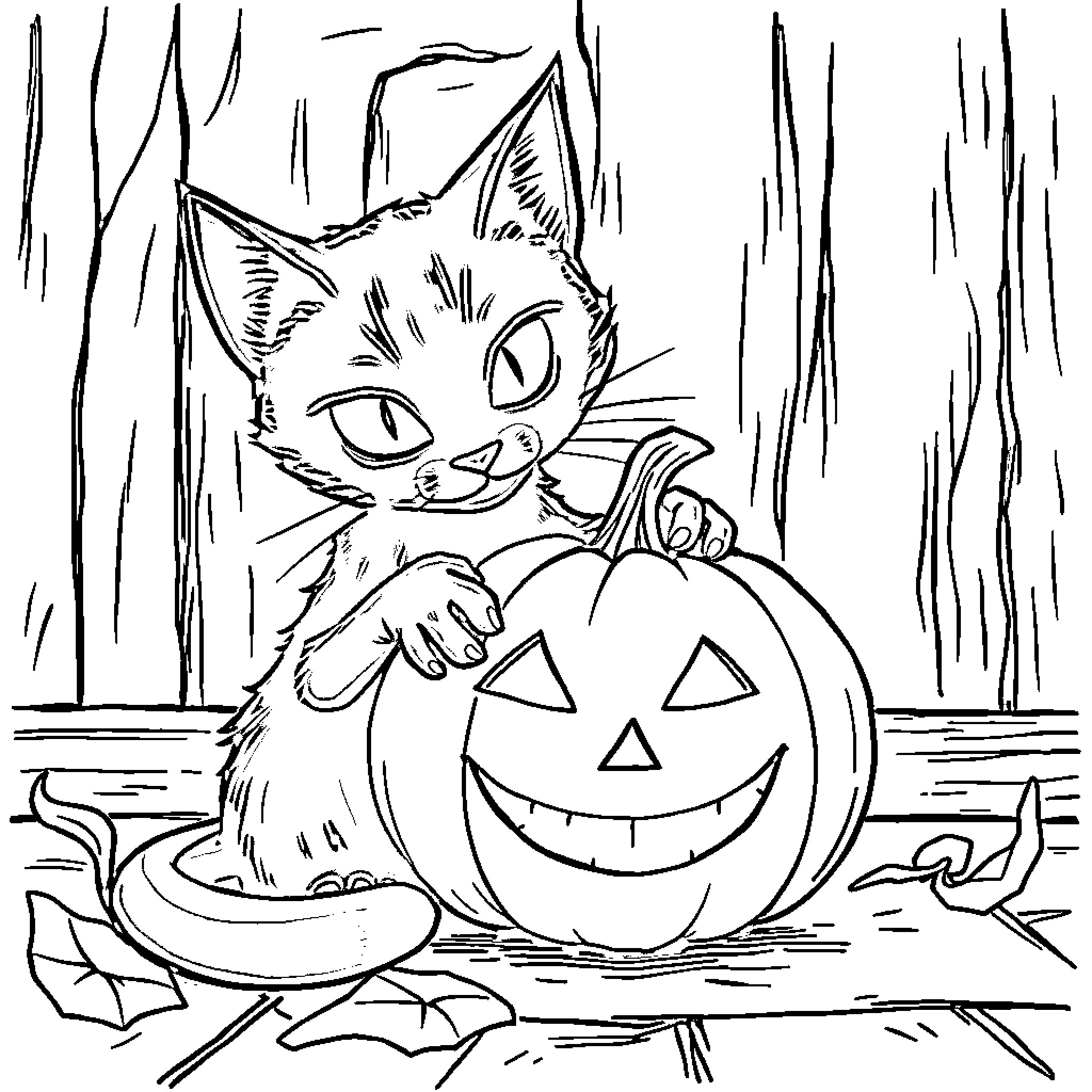 Cat with Halloween pumpkin in spooky scene Coloring Page (free black-and-white line drawing printable PDF for all, from beginners to advanced learners, including children, teens, adults, and seniors)