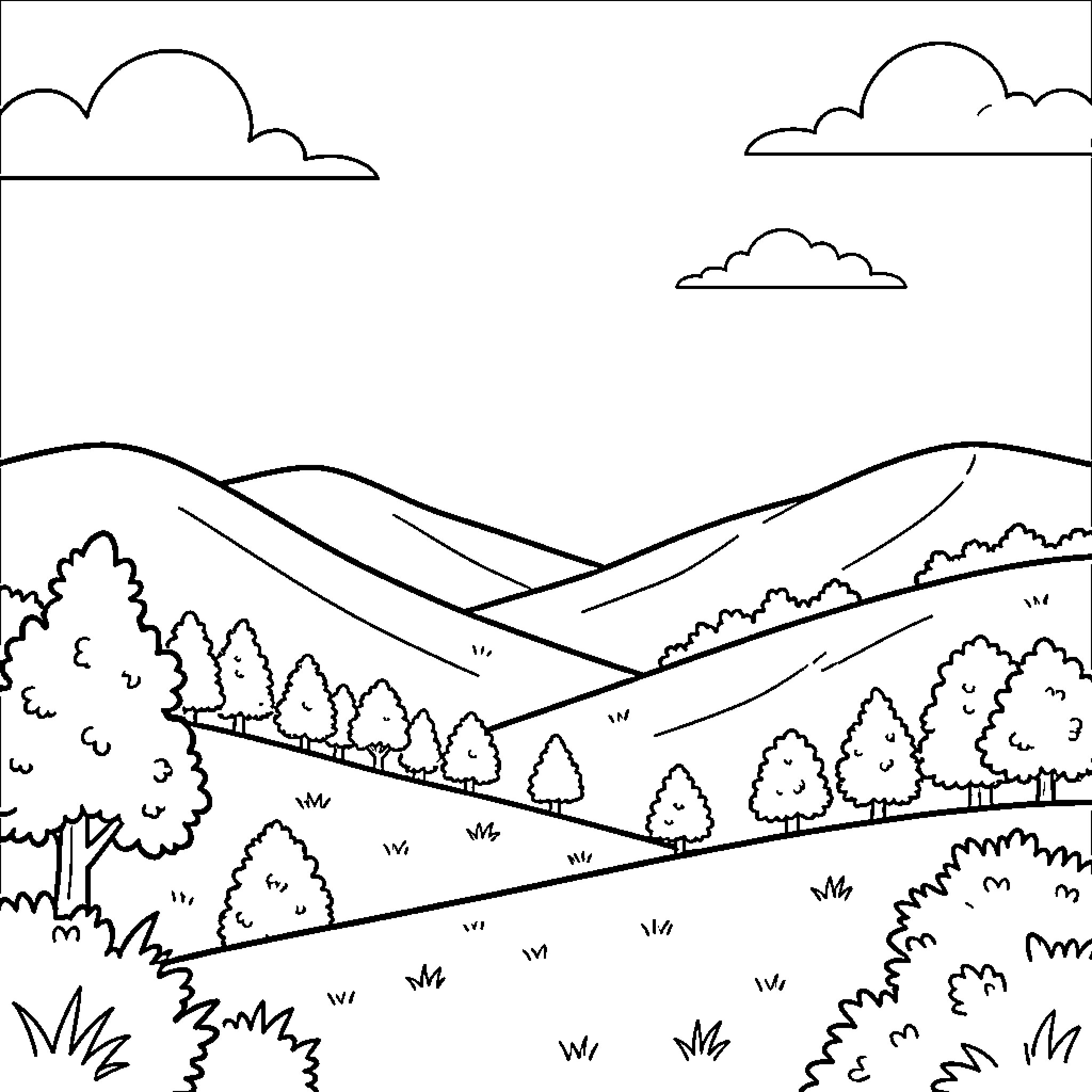 Landscape of rolling hills under a cloudy sky Coloring Page (free black-and-white line drawing printable PDF for all, from beginners to advanced learners, including children, teens, adults, and seniors)