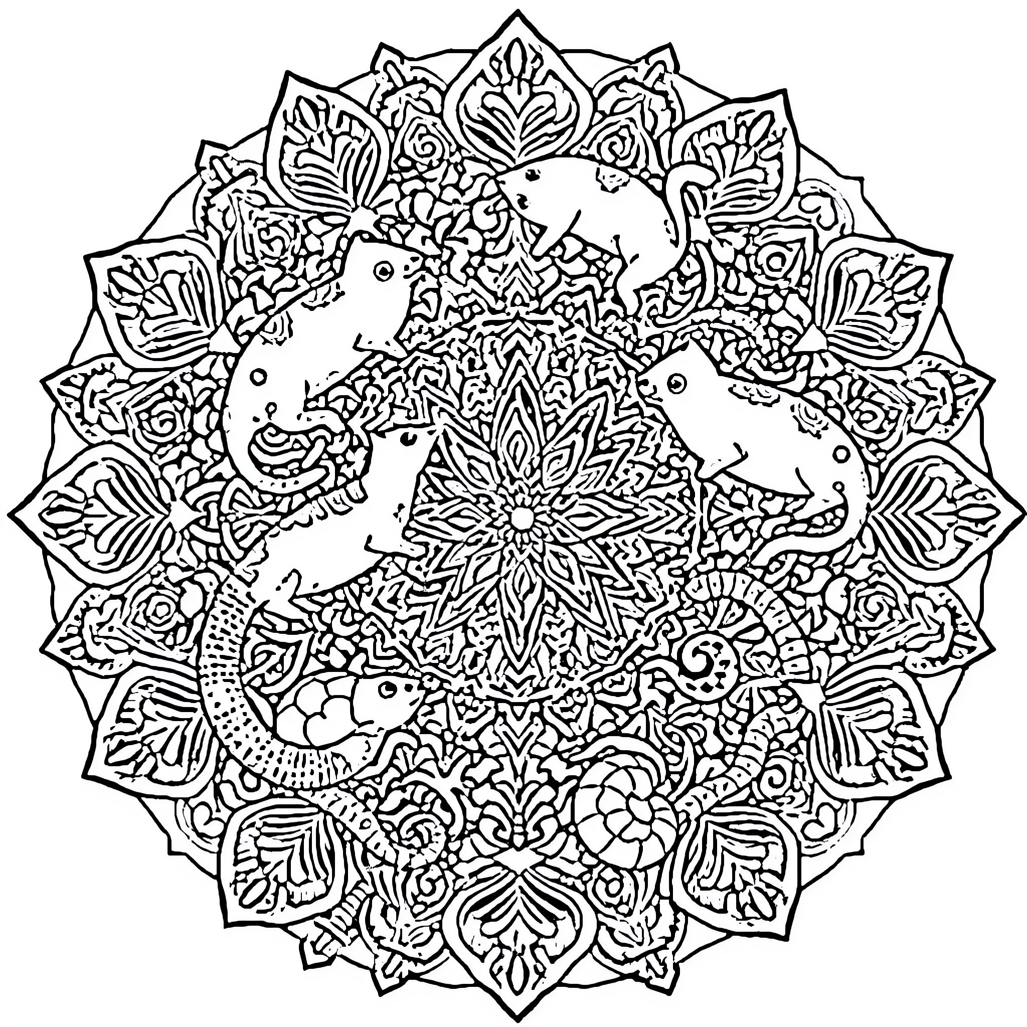 Mandala with Intricate Floral and Animal Designs Coloring Page (free black-and-white line drawing printable PDF for all, from beginners to advanced learners, including children, teens, adults, and seniors)