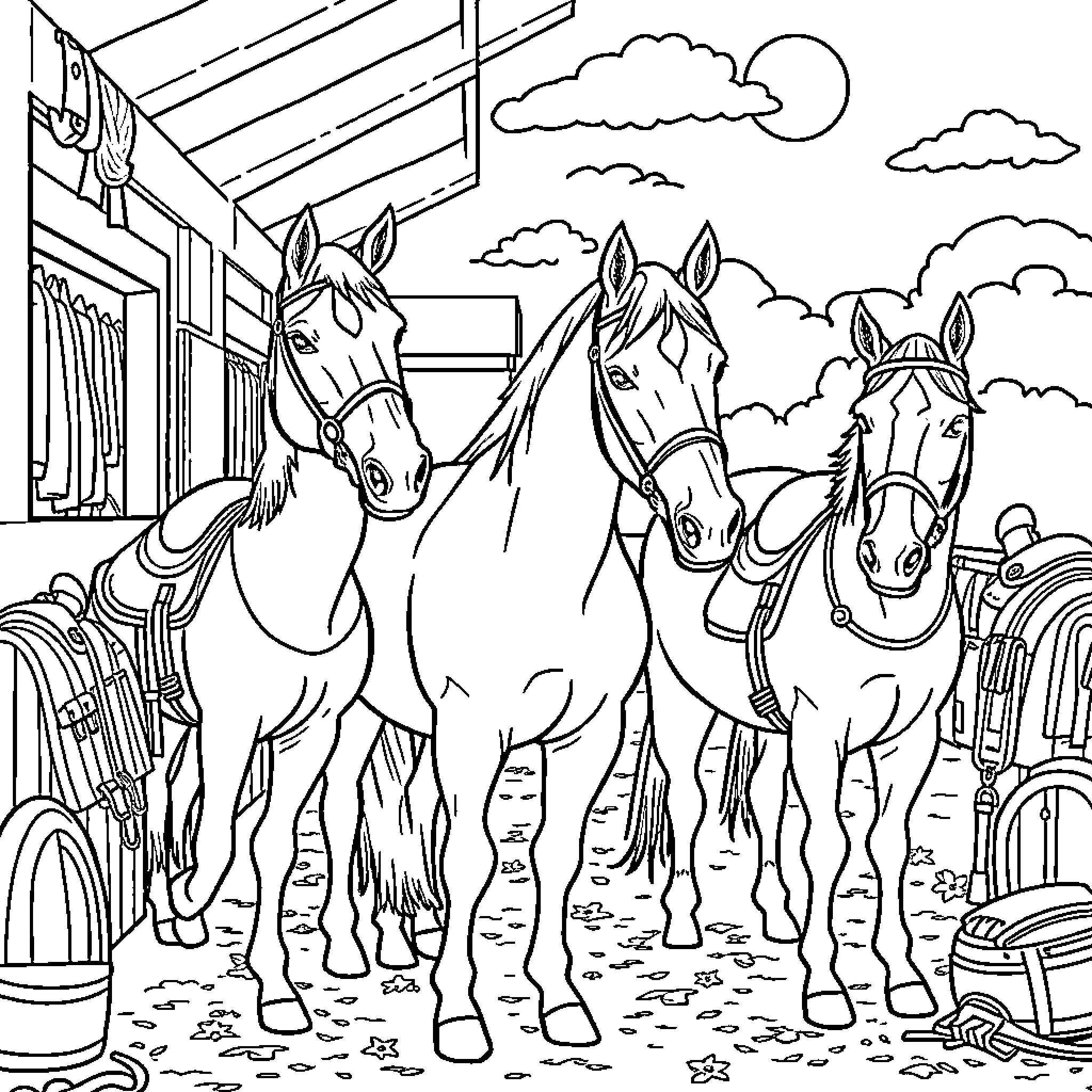 Horses standing in a rural farm setting Coloring Page (free black-and-white line drawing printable PDF for all, from beginners to advanced learners, including children, teens, adults, and seniors)