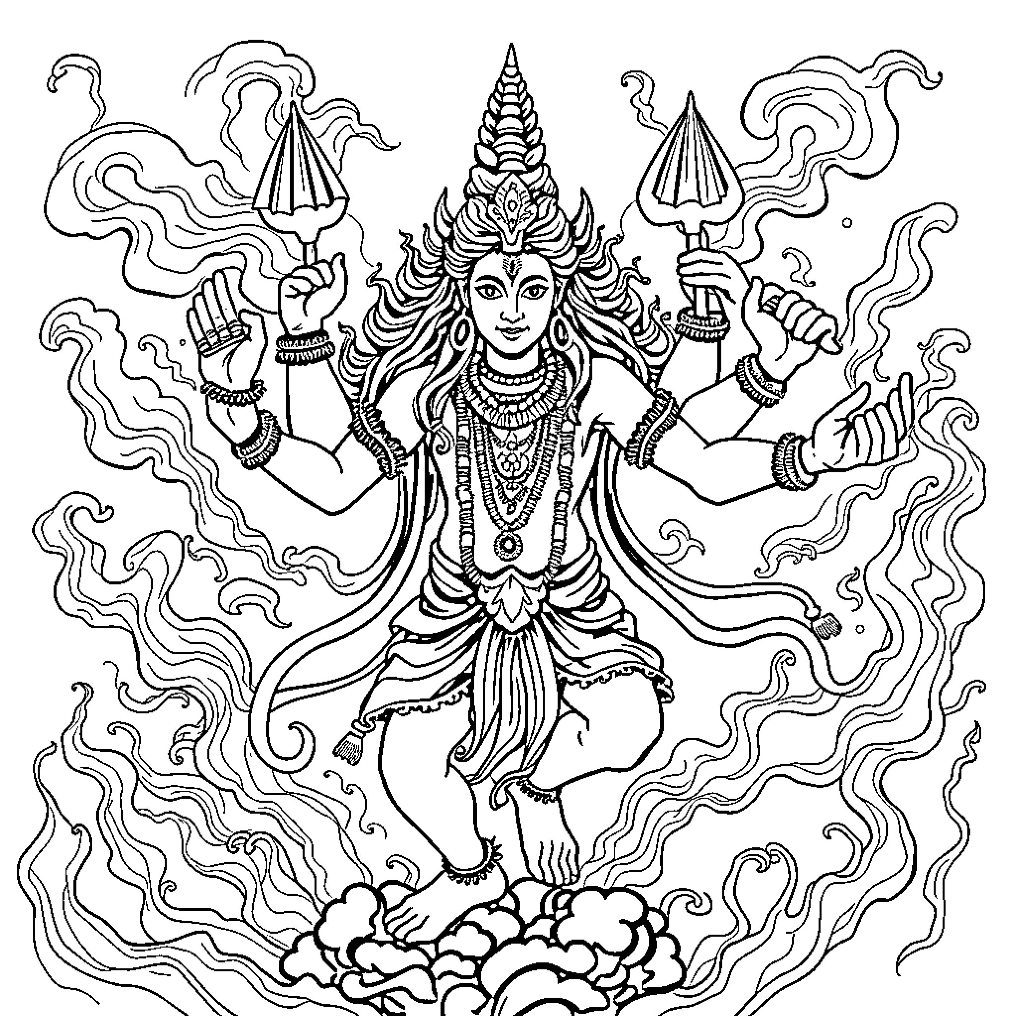 Shiva's Cosmic Dance of Creation and Destruction Coloring Page (free black-and-white line drawing printable PDF for all, from beginners to advanced learners, including children, teens, adults, and seniors)