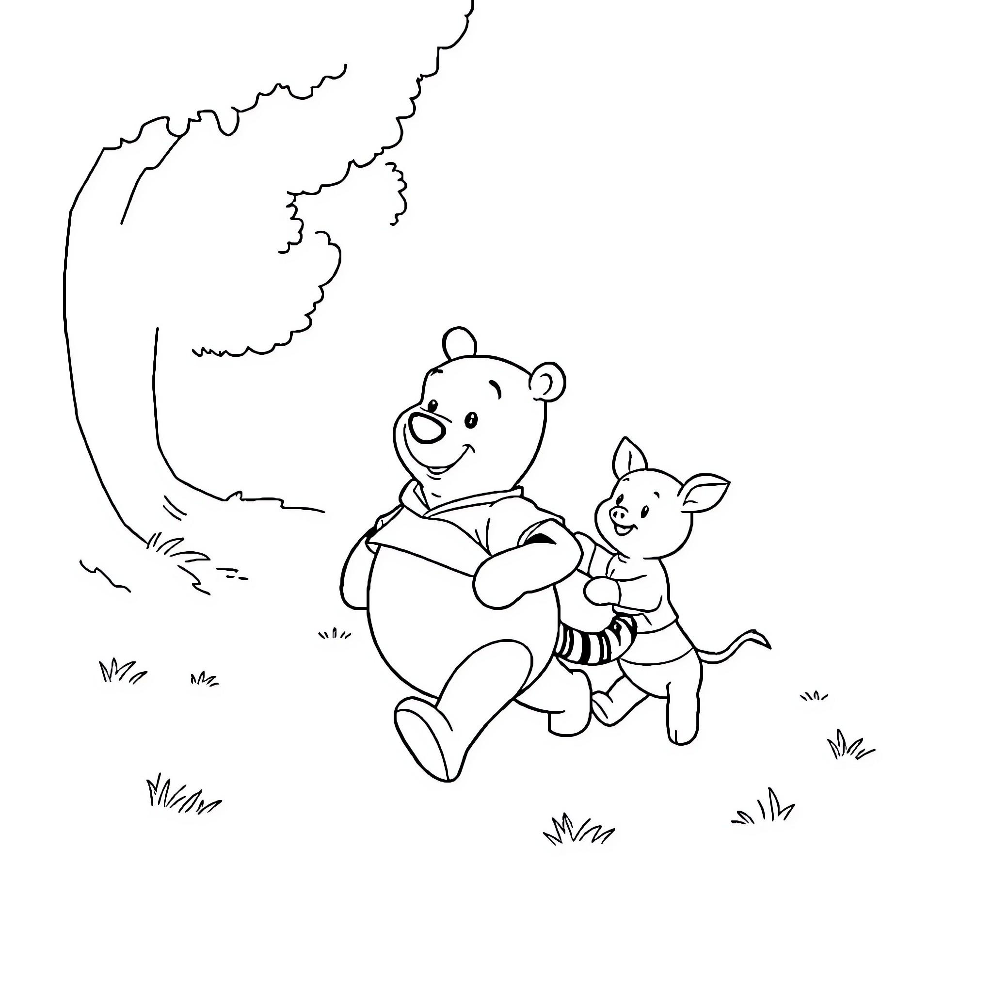 Winnie The Pooh and Piglet exploring the forest Coloring Page (free black-and-white line drawing printable PDF for all, from beginners to advanced learners, including children, teens, adults, and seniors)