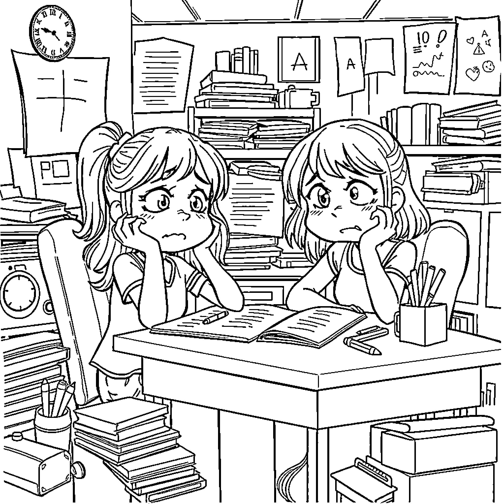 Girls studying diligently in a cluttered classroom Coloring Page (free black-and-white line drawing printable PDF for all, from beginners to advanced learners, including children, teens, adults, and seniors)