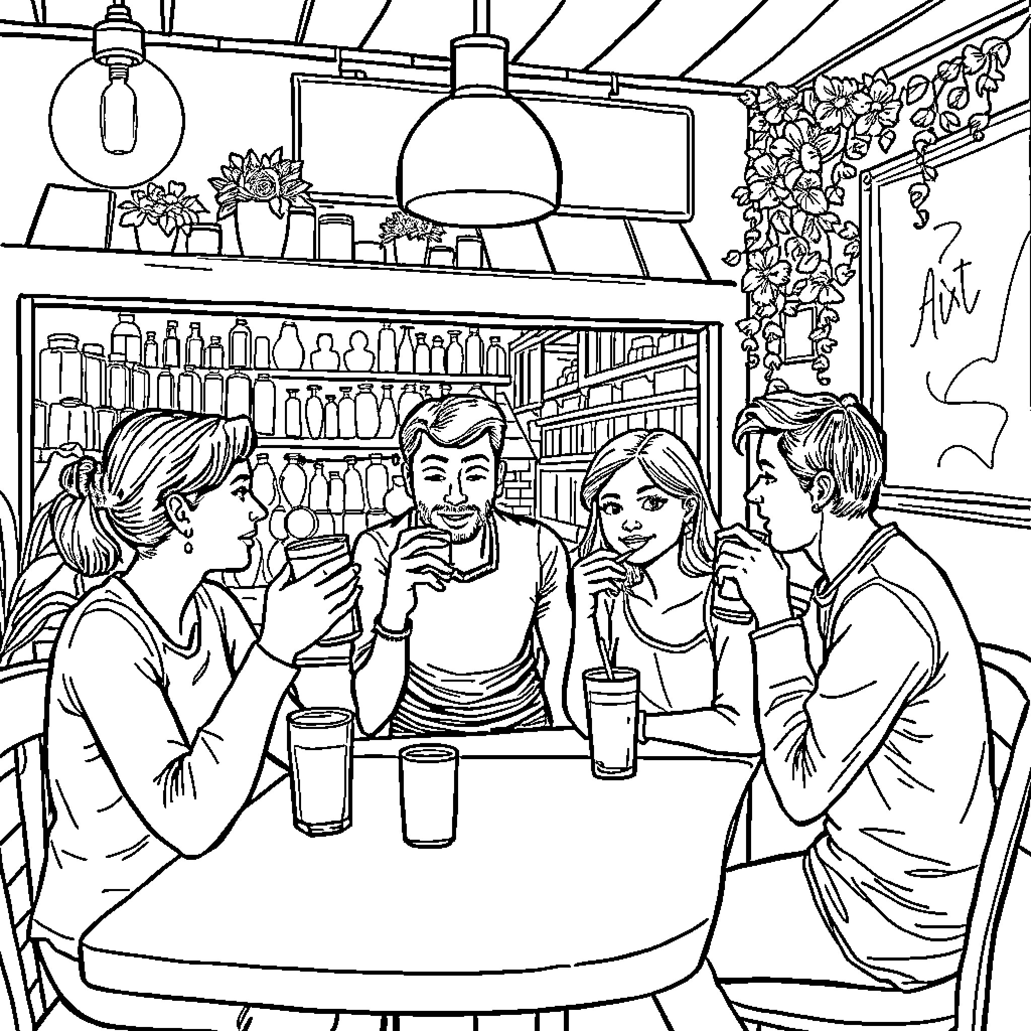 At a Cozy Cafe Gathering Coloring Page (free black-and-white line drawing printable PDF for all, from beginners to advanced learners, including children, teens, adults, and seniors)