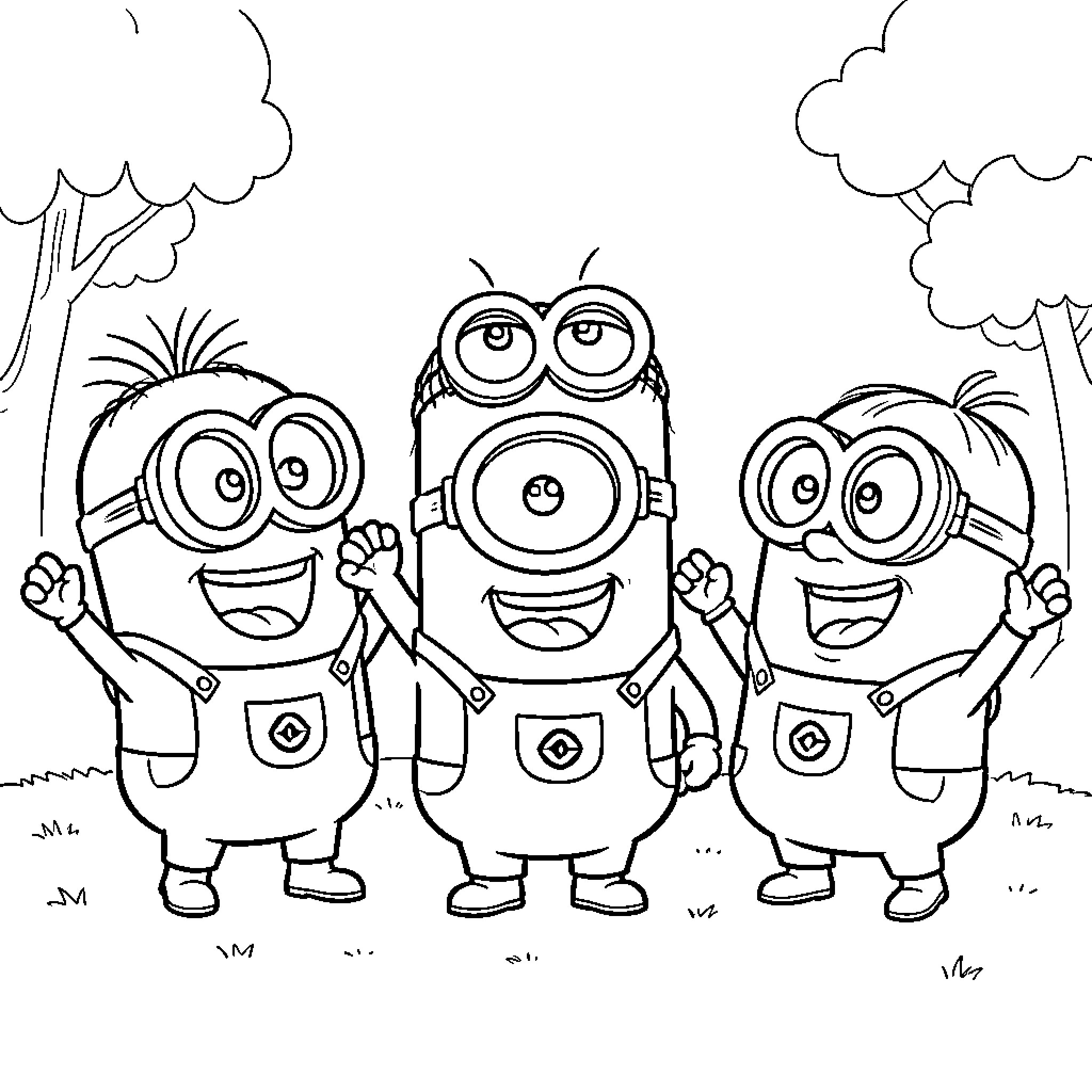 Minions enthusiastically posing outdoors Coloring Page (free black-and-white line drawing printable PDF for all, from beginners to advanced learners, including children, teens, adults, and seniors)