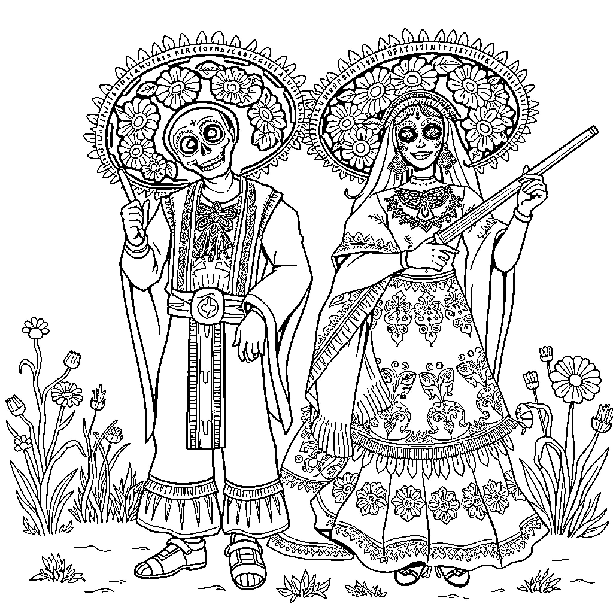 Catrina - Elegant Couple in Traditional Attire Coloring Page (free black-and-white line drawing printable PDF for all, from beginners to advanced learners, including children, teens, adults, and seniors)