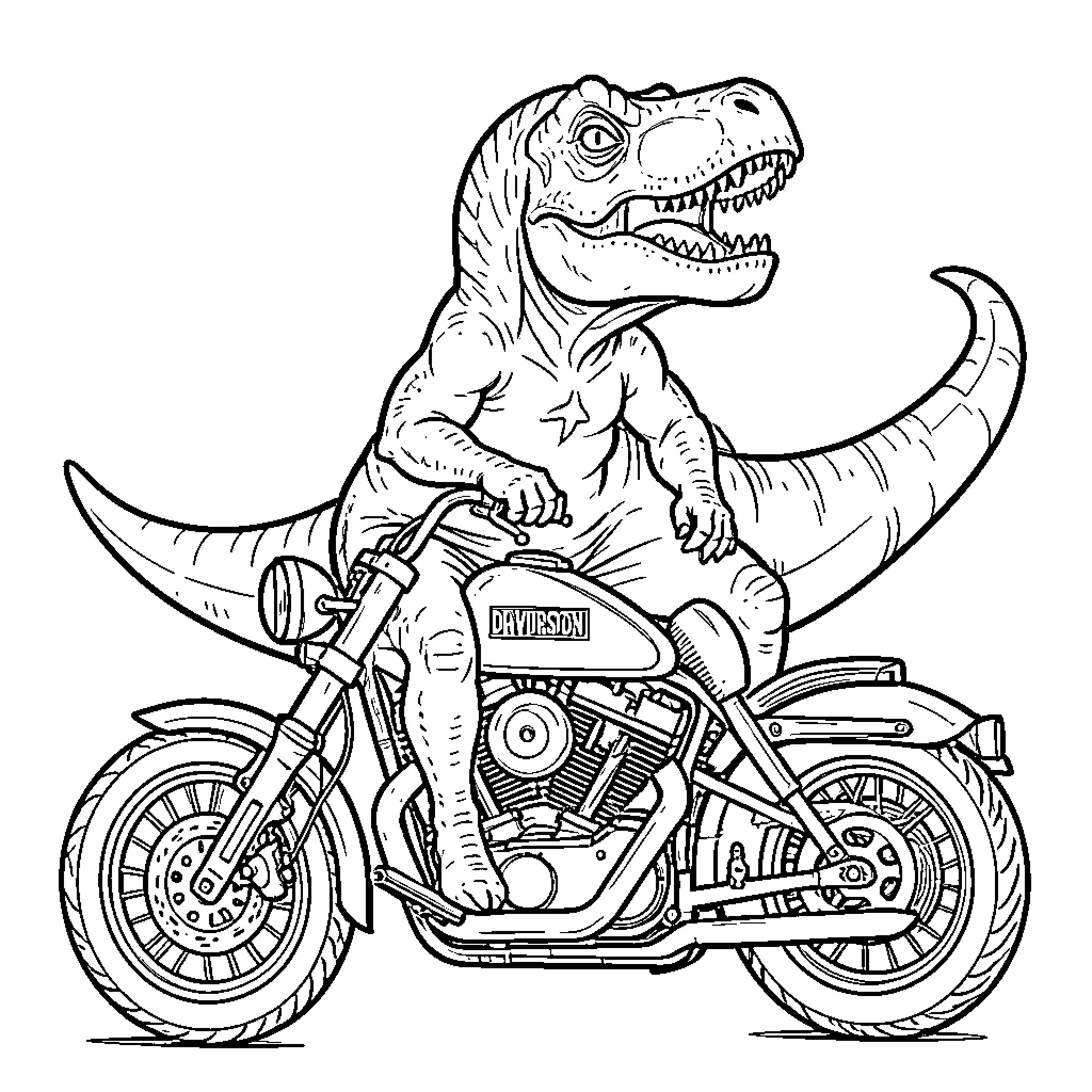 Dinosaur riding a motorcycle with a joyful expression Coloring Page (free black-and-white line drawing printable PDF for all, from beginners to advanced learners, including children, teens, adults, and seniors)