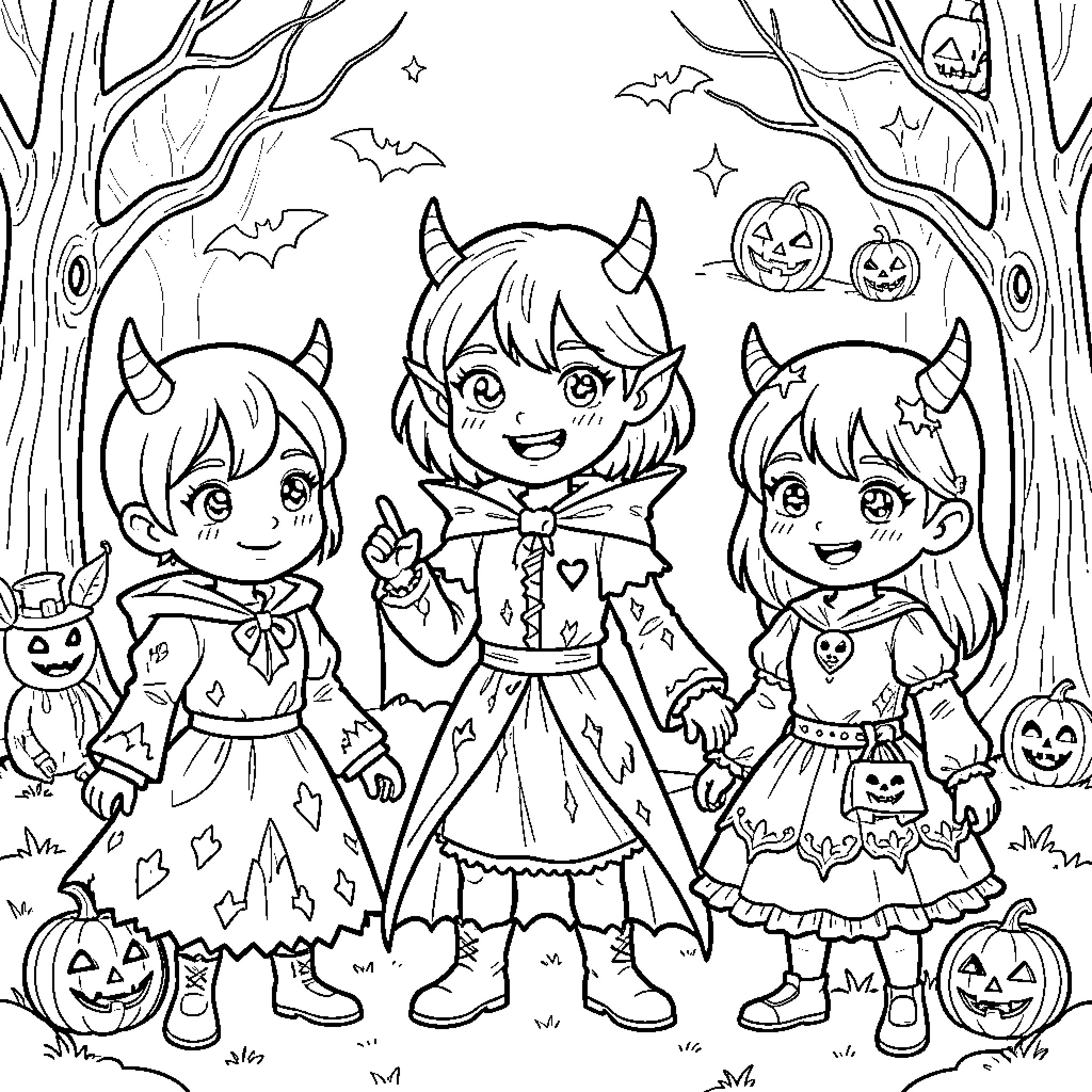 Demon girls celebrating Halloween in a spooky forest Coloring Page (free black-and-white line drawing printable PDF for all, from beginners to advanced learners, including children, teens, adults, and seniors)