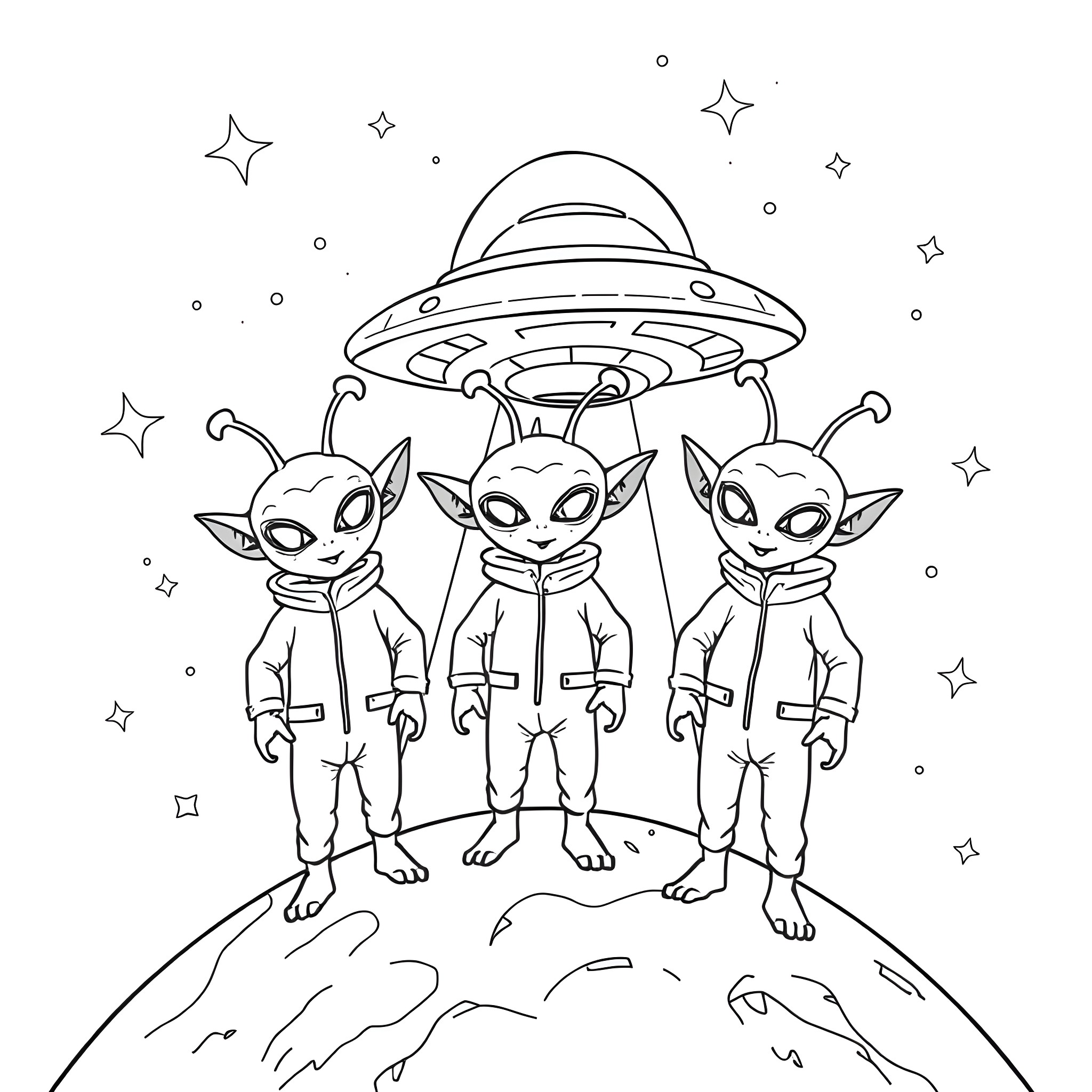 Alien explorers inspecting a mysterious spacecraft in the starry sky Coloring Page (free black-and-white line drawing printable PDF for all, from beginners to advanced learners, including children, teens, adults, and seniors)