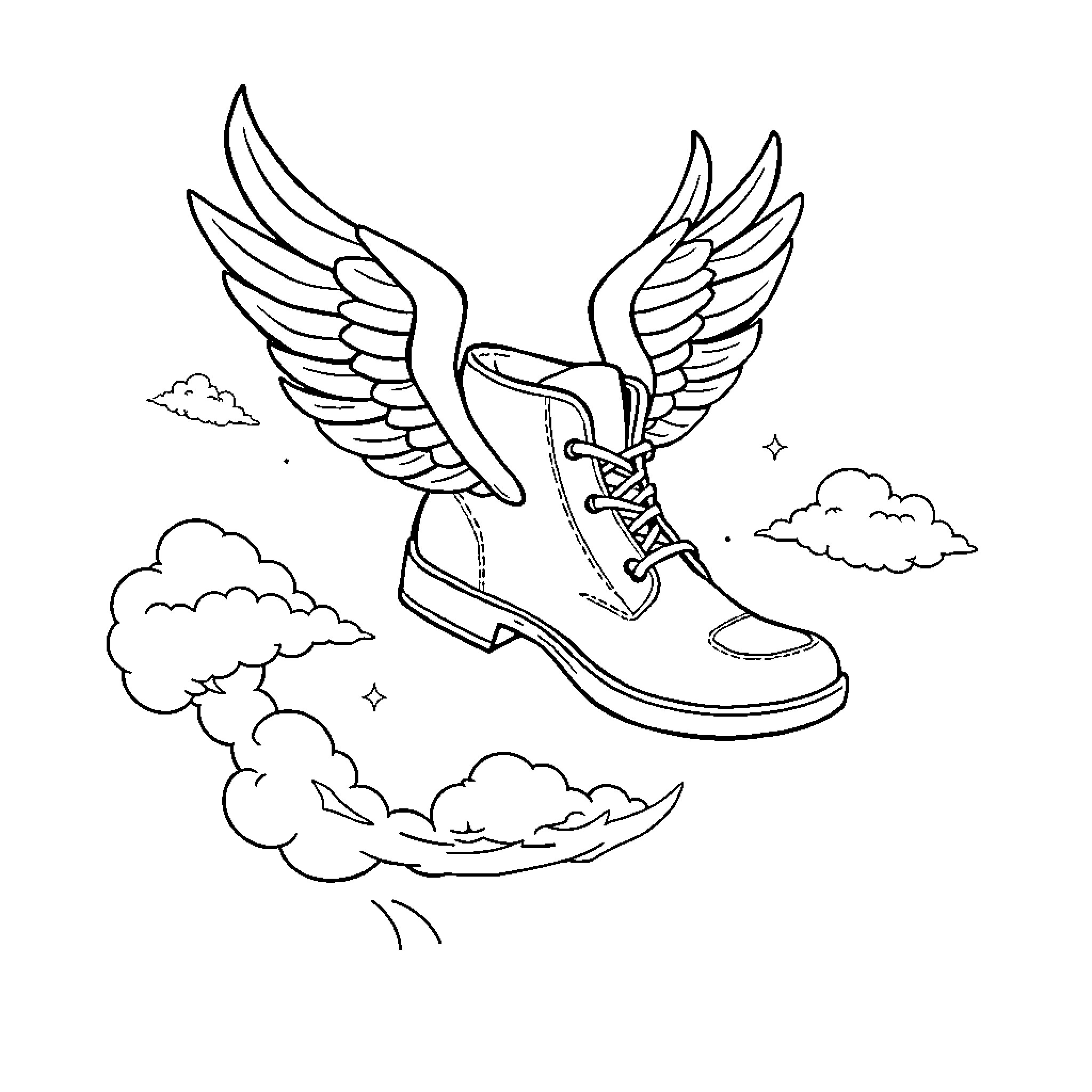 Fly Shoe with Winged Adventure in the Clouds Coloring Page (free black-and-white line drawing printable PDF for all, from beginners to advanced learners, including children, teens, adults, and seniors)