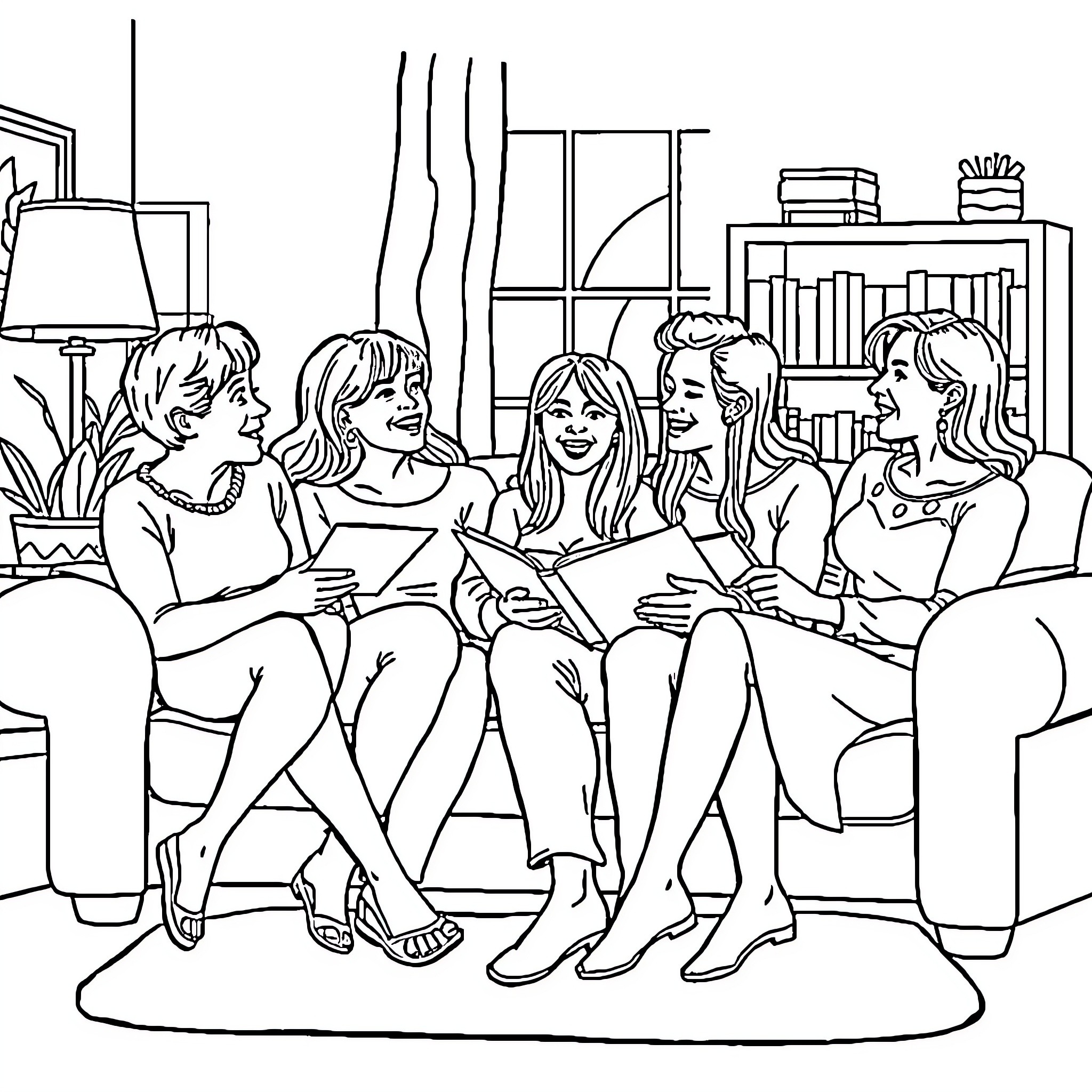 Friends enjoying a cozy conversation at home Coloring Page (free black-and-white line drawing printable PDF for all, from beginners to advanced learners, including children, teens, adults, and seniors)