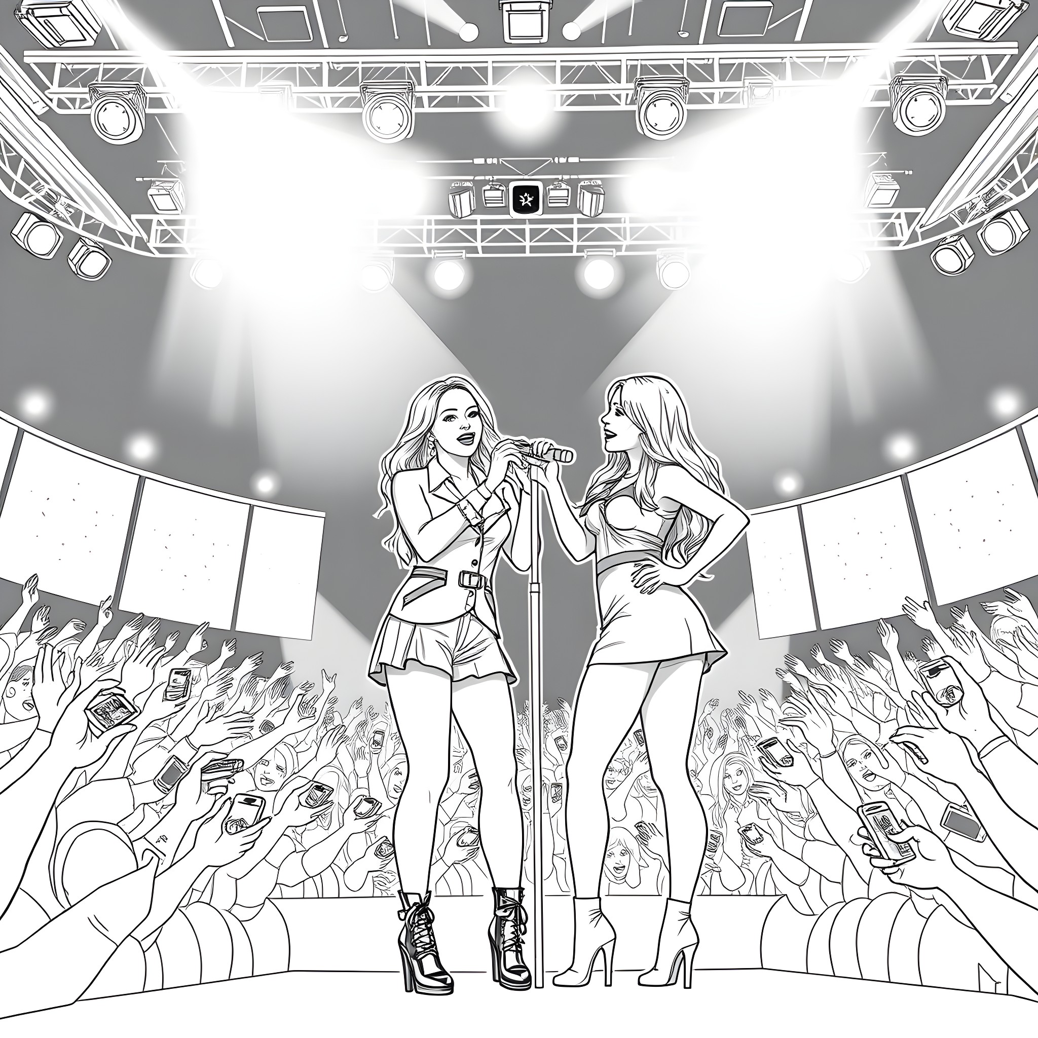 Britney Spears performs on stage with backup dancer Coloring Page (free black-and-white line drawing printable PDF for all, from beginners to advanced learners, including children, teens, adults, and seniors)