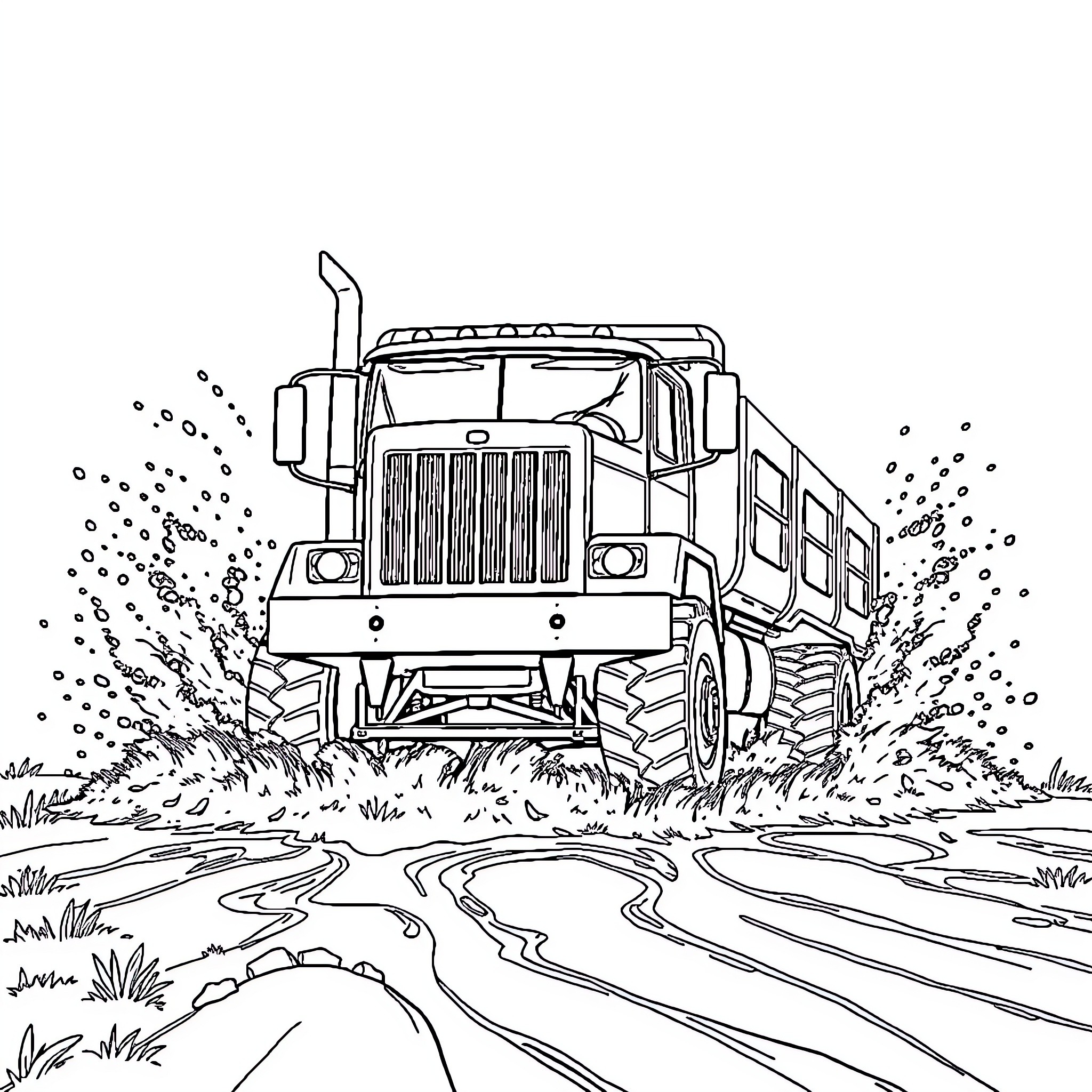 Truck traversing muddy terrain on a country road Coloring Page (free black-and-white line drawing printable PDF for all, from beginners to advanced learners, including children, teens, adults, and seniors)