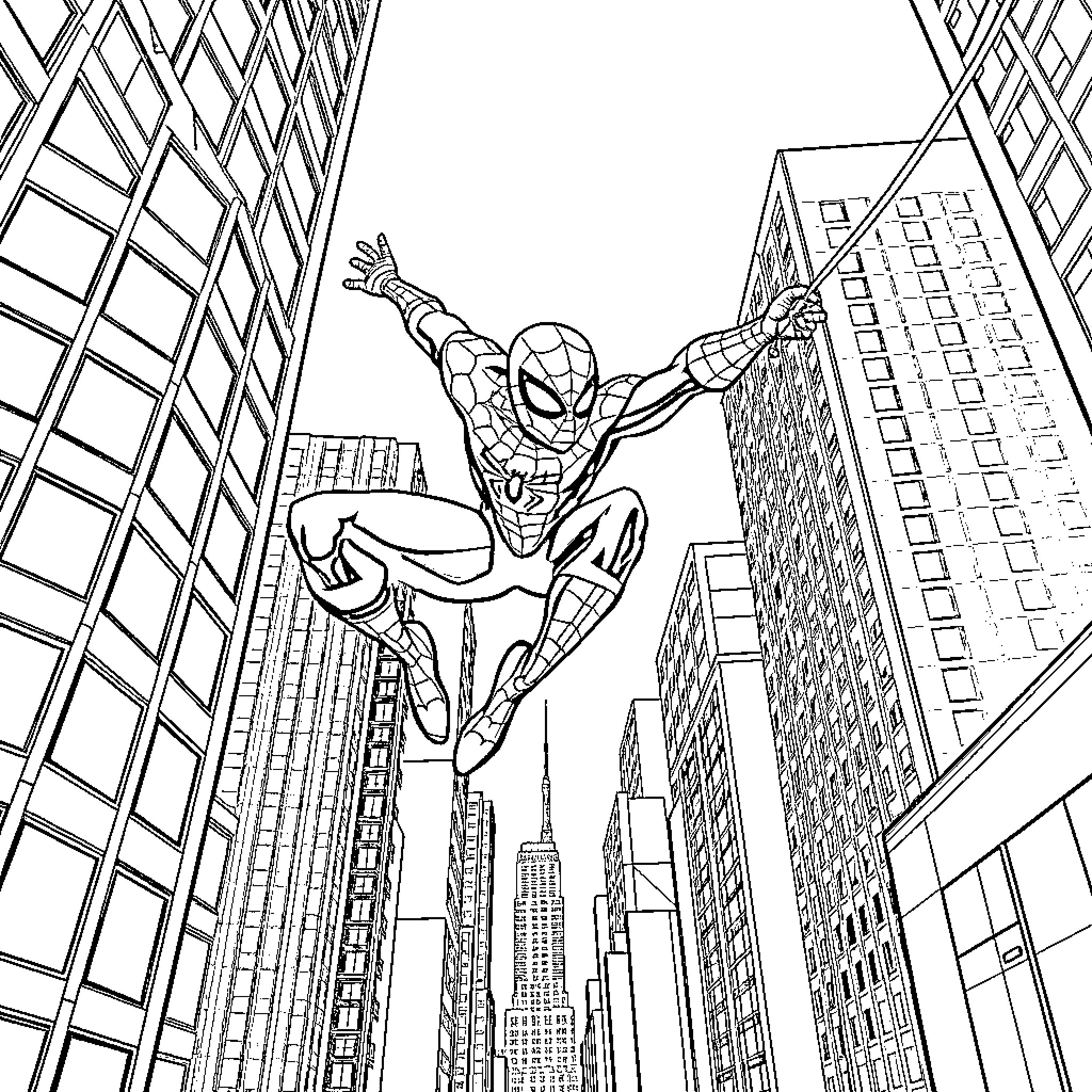 Spider-Man swinging through the city skyline Coloring Page (free black-and-white line drawing printable PDF for all, from beginners to advanced learners, including children, teens, adults, and seniors)