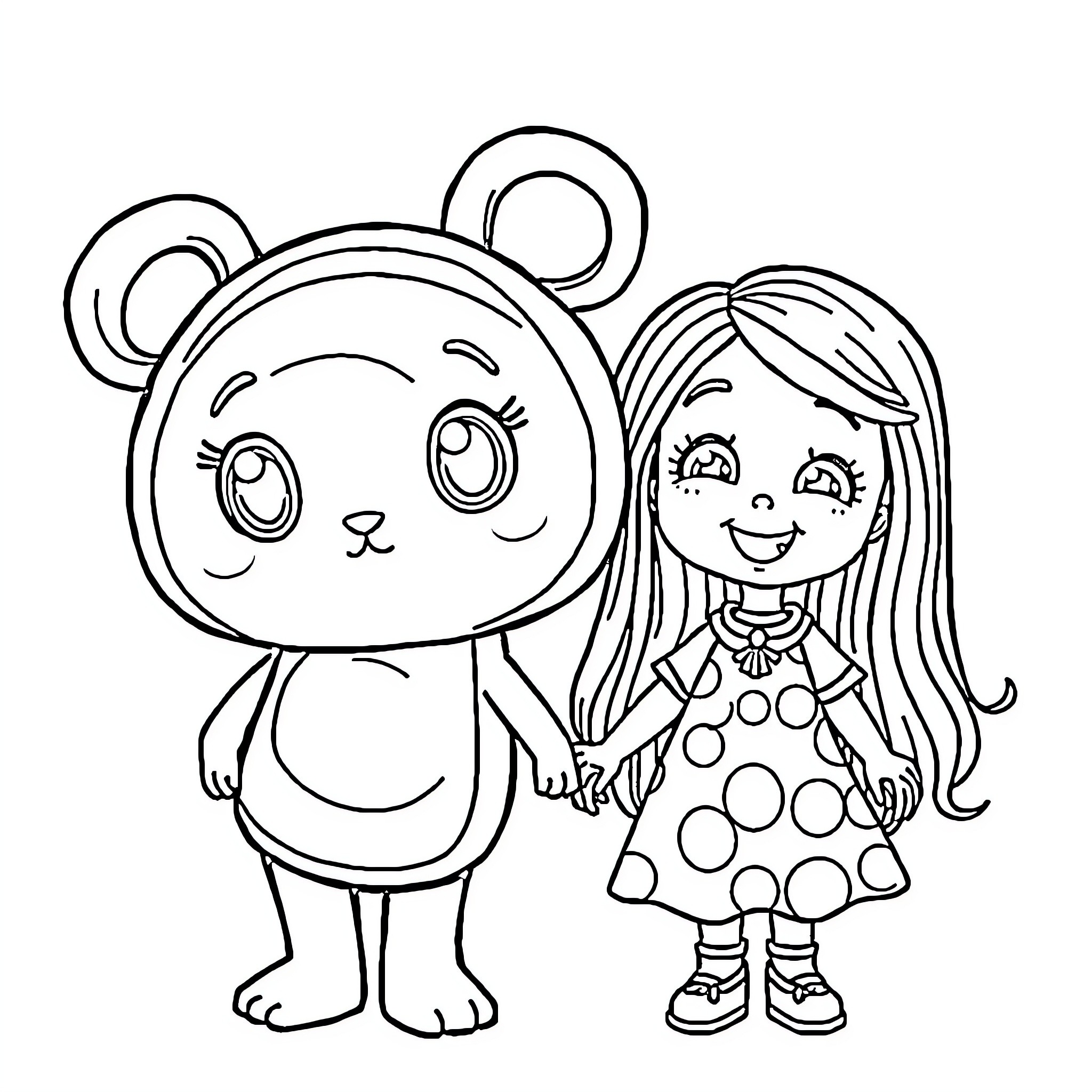 Cinnamaroll and Cute Polka Dot Girl Posing Together Coloring Page (free black-and-white line drawing printable PDF for all, from beginners to advanced learners, including children, teens, adults, and seniors)