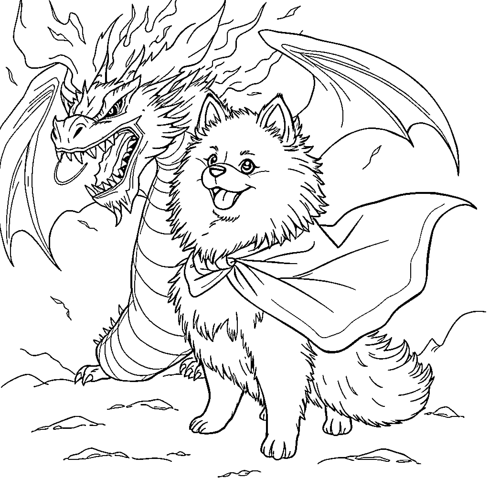 Pomeranian with a Fiery Dragon Companion Coloring Page (free black-and-white line drawing printable PDF for all, from beginners to advanced learners, including children, teens, adults, and seniors)