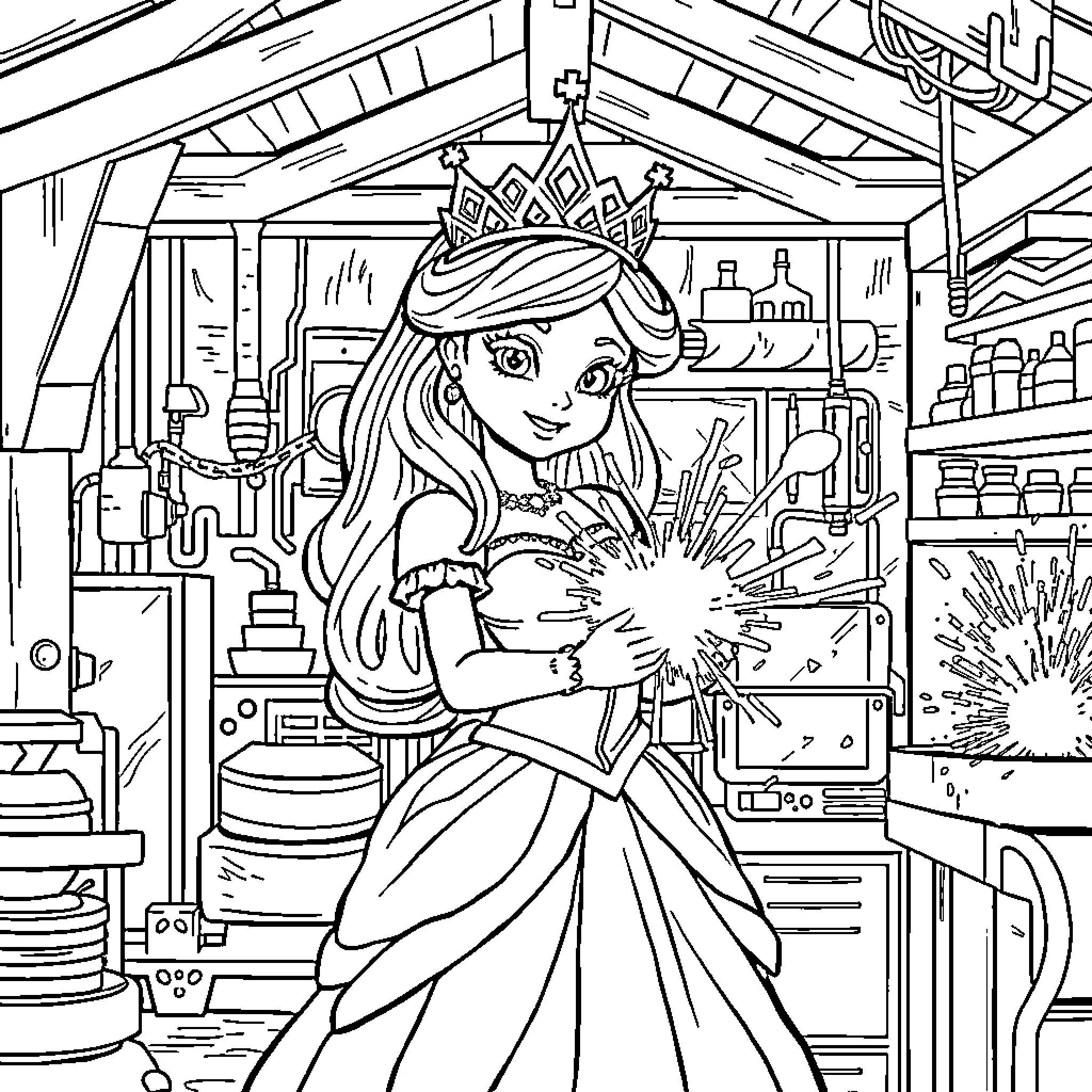 Princess Sparkles in the Magical Workshop Coloring Page (free black-and-white line drawing printable PDF for all, from beginners to advanced learners, including children, teens, adults, and seniors)