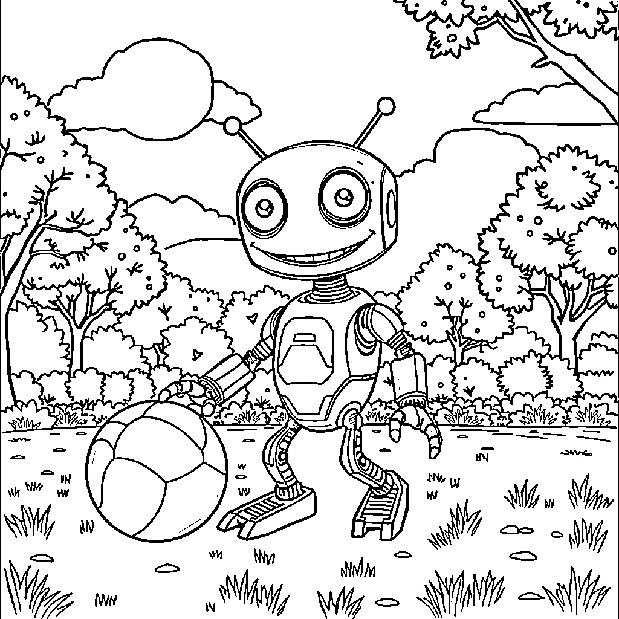 Gir playing cheerfully with a ball in the garden Coloring Page (free black-and-white line drawing printable PDF for all, from beginners to advanced learners, including children, teens, adults, and seniors)