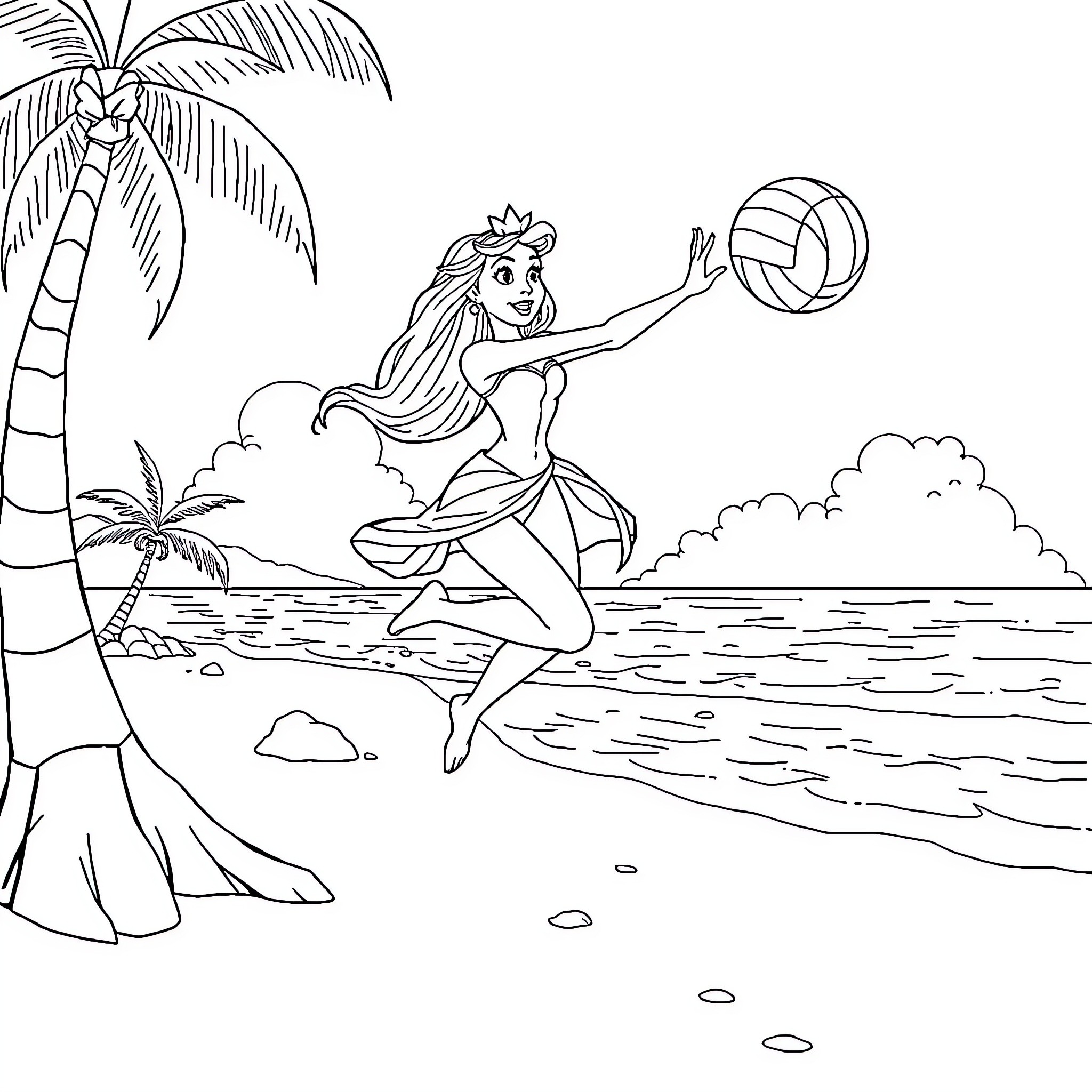 Disney Princess playing volleyball on the beach Coloring Page (free black-and-white line drawing printable PDF for all, from beginners to advanced learners, including children, teens, adults, and seniors)