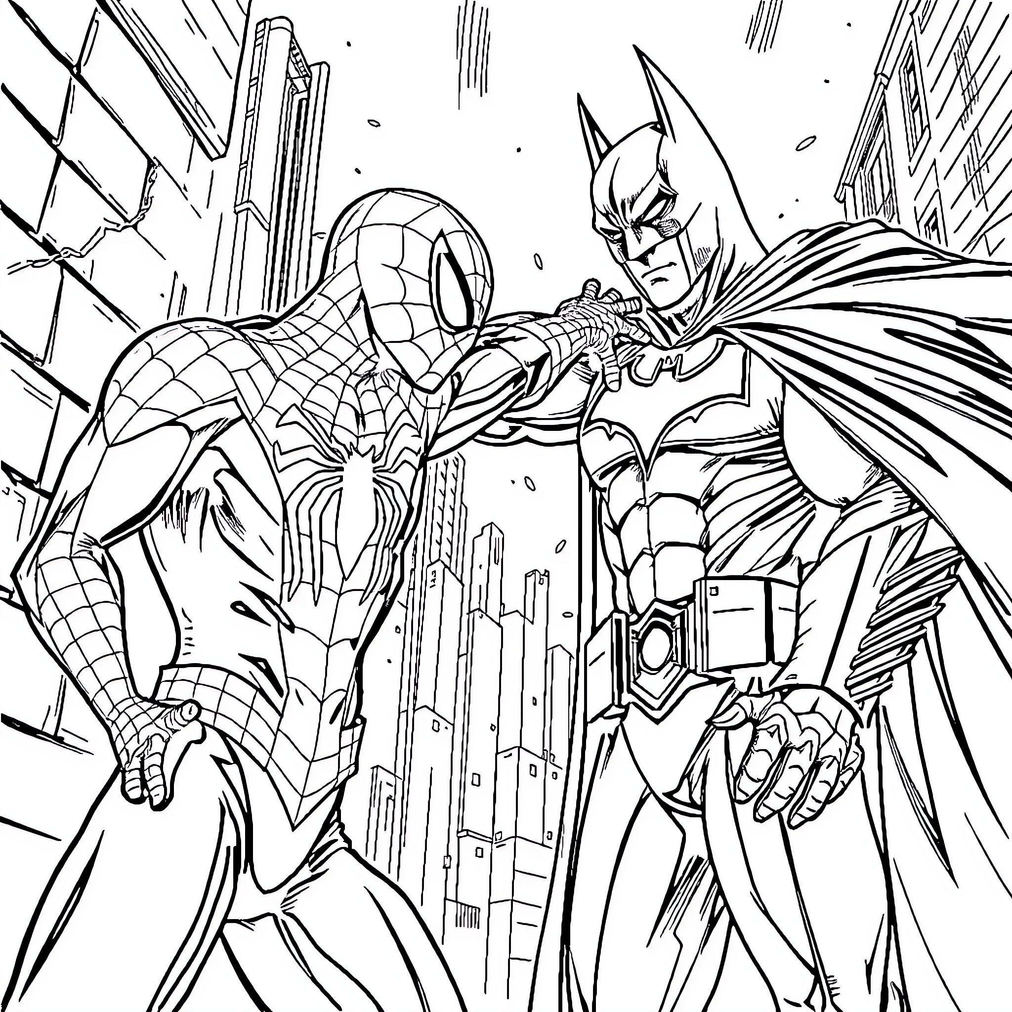 Spiderman and Batman Fighting Together in the City Coloring Page (free black-and-white line drawing printable PDF for all, from beginners to advanced learners, including children, teens, adults, and seniors)