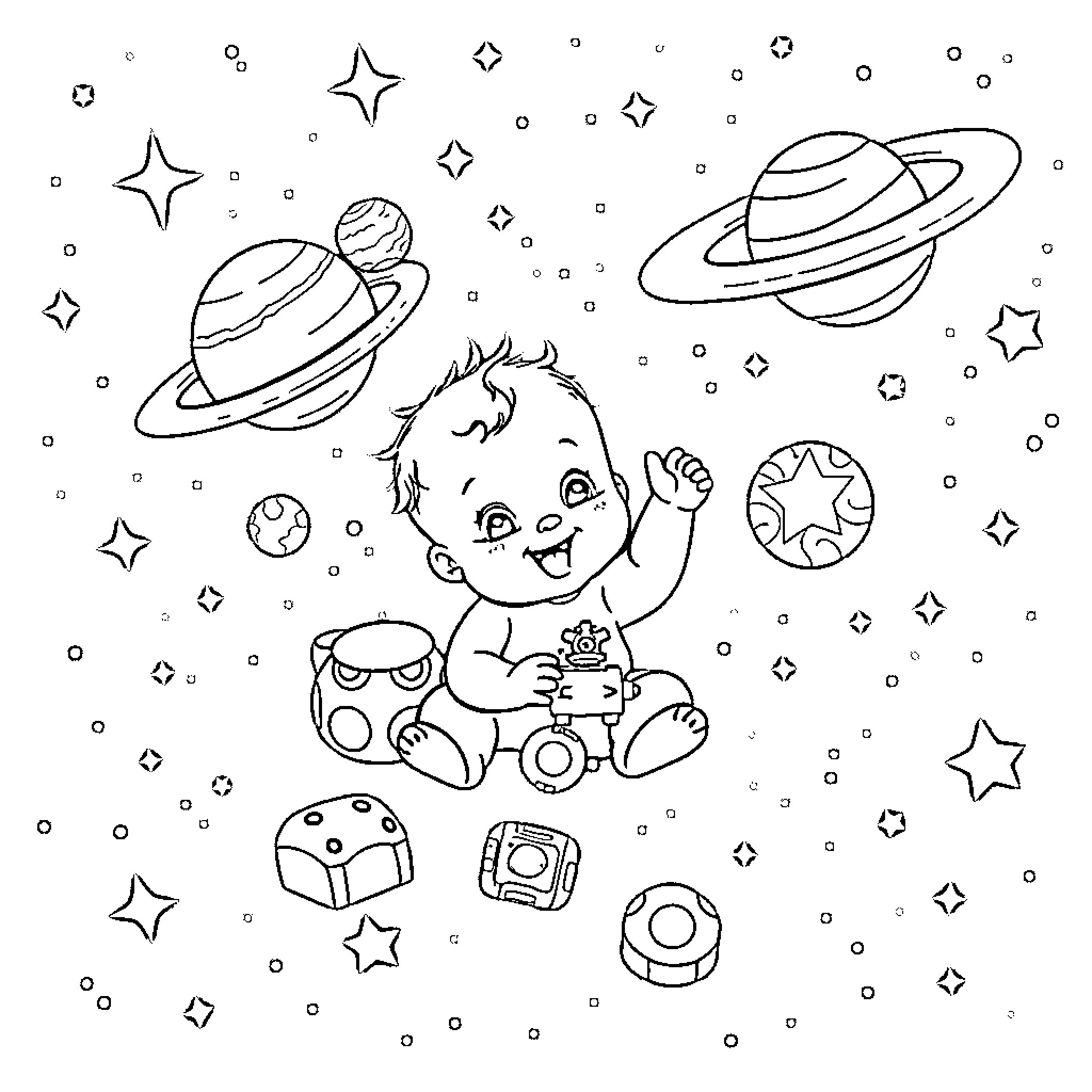 Baby Exploring the Wondrous Cosmos Coloring Page (free black-and-white line drawing printable PDF for all, from beginners to advanced learners, including children, teens, adults, and seniors)