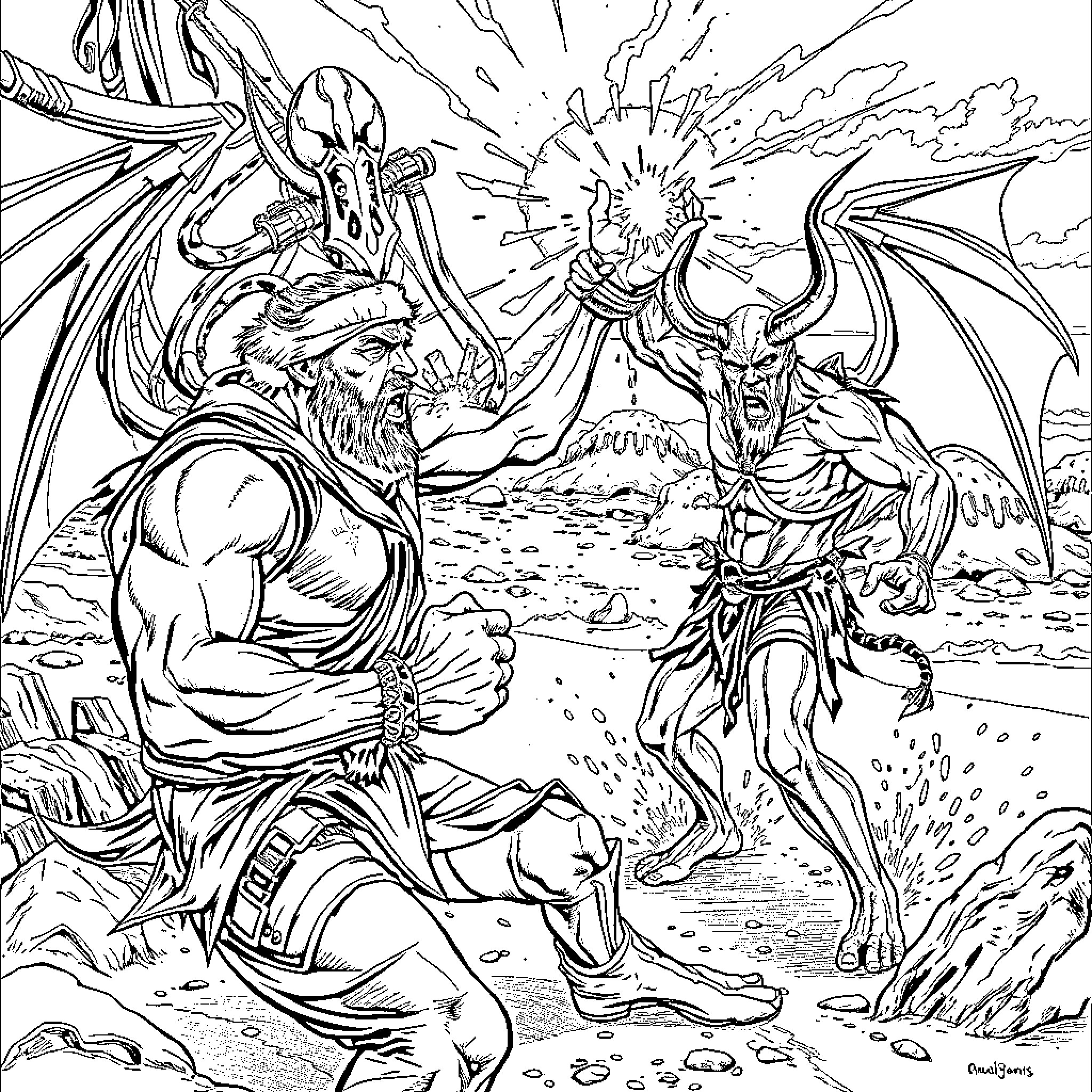 Chuck Norris Battles Monstrous Creatures in Epic Clash Coloring Page (free black-and-white line drawing printable PDF for all, from beginners to advanced learners, including children, teens, adults, and seniors)