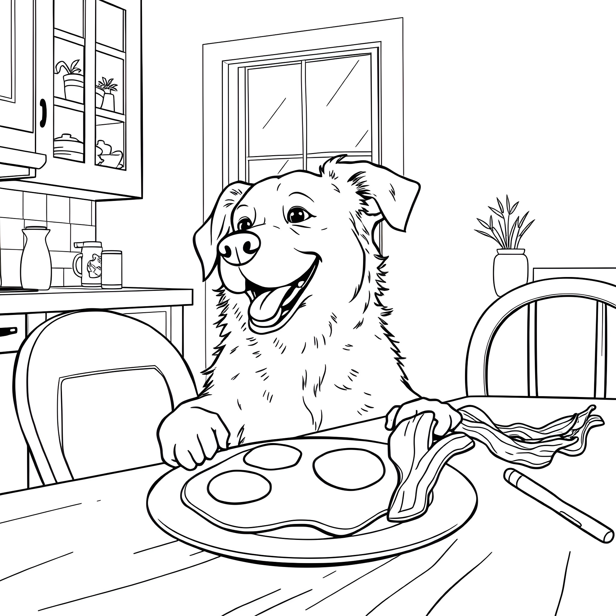 Dog enjoying a meal in the kitchen Coloring Page (free black-and-white line drawing printable PDF for all, from beginners to advanced learners, including children, teens, adults, and seniors)
