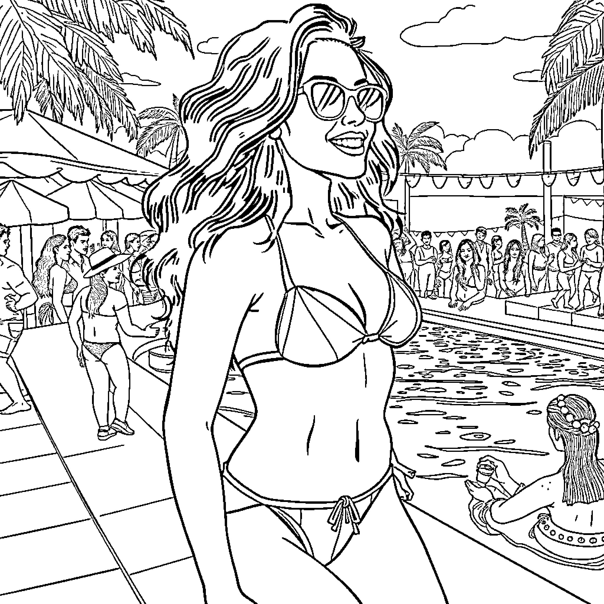Woman enjoying beach party in summer outfit Coloring Page (free black-and-white line drawing printable PDF for all, from beginners to advanced learners, including children, teens, adults, and seniors)