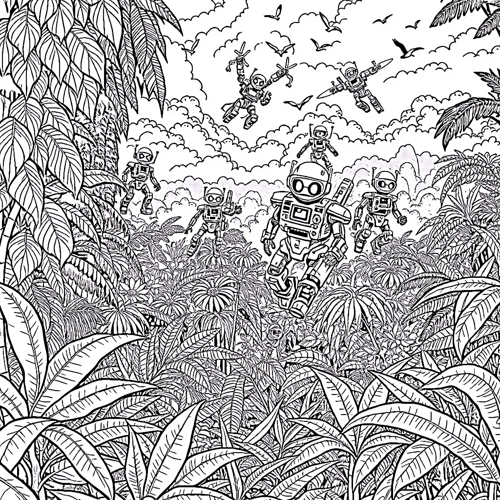 Robot Explorers Discovering Fantastical Jungle Landscape Coloring Page (free black-and-white line drawing printable PDF for all, from beginners to advanced learners, including children, teens, adults, and seniors)