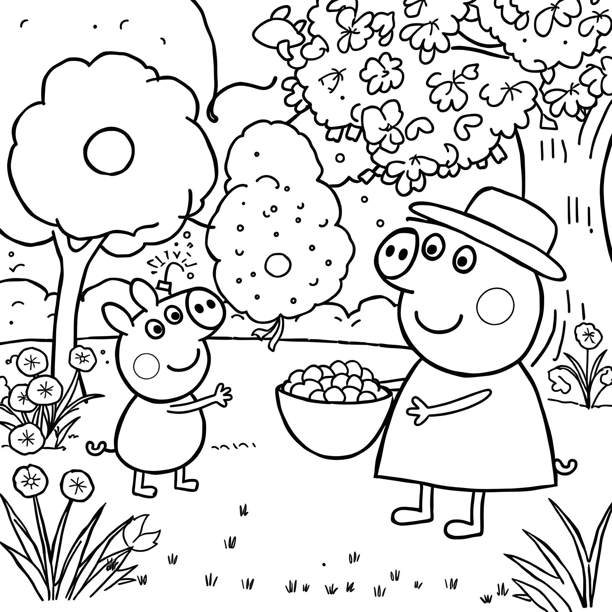 Peppa Pig and friends exploring nature in the garden Coloring Page (free black-and-white line drawing printable PDF for all, from beginners to advanced learners, including children, teens, adults, and seniors)