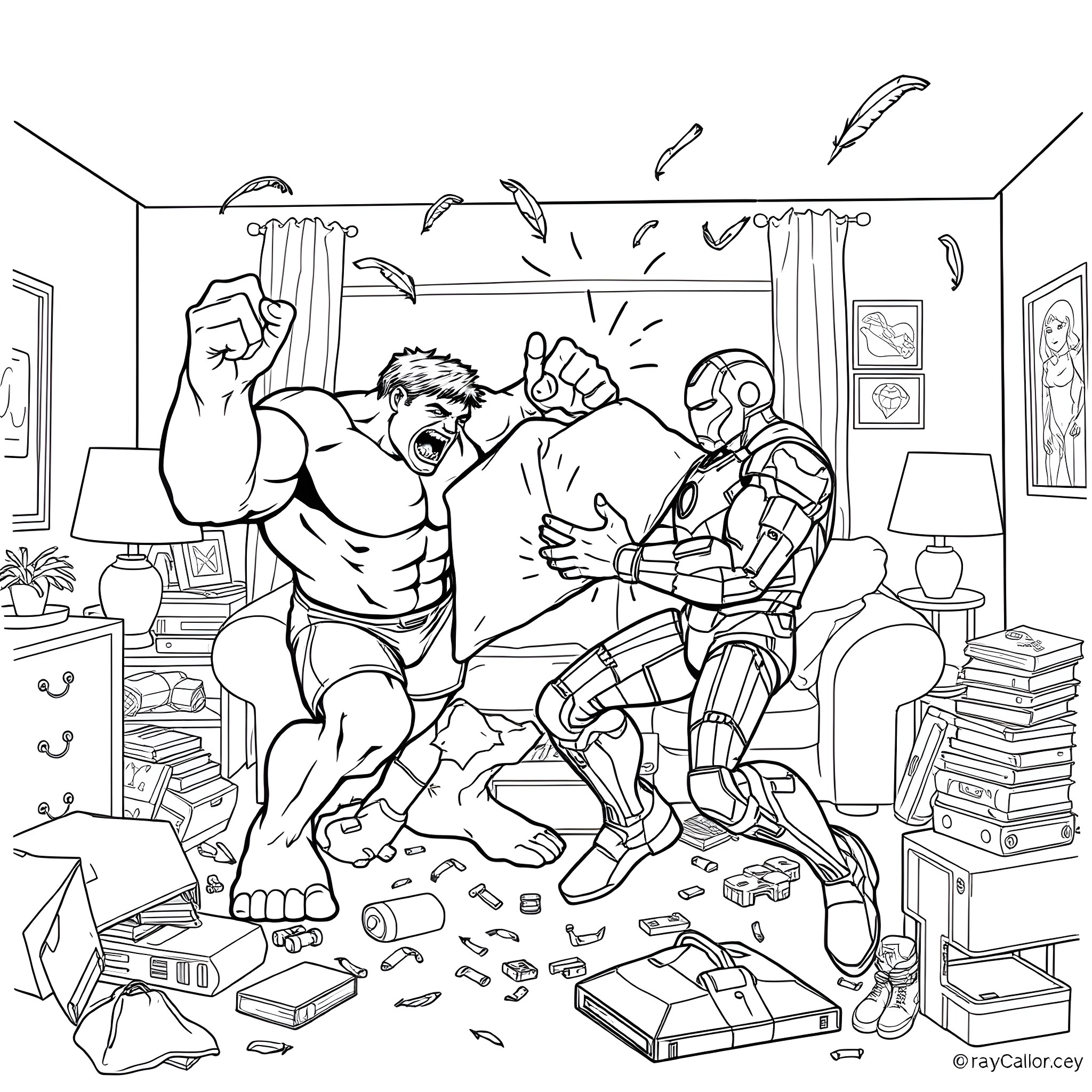 Hulk Smashing Ironman in Chaotic Living Room Coloring Page (free black-and-white line drawing printable PDF for all, from beginners to advanced learners, including children, teens, adults, and seniors)
