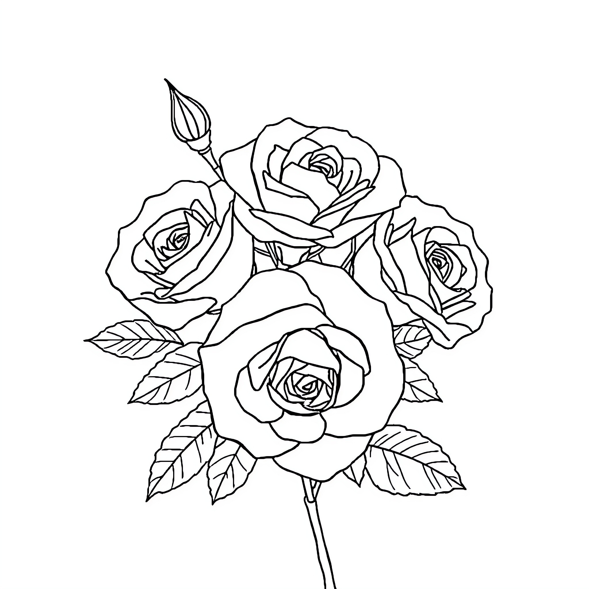 Rose Bouquet Floral Arrangement Coloring Page (free black-and-white line drawing printable PDF for all, from beginners to advanced learners, including children, teens, adults, and seniors)